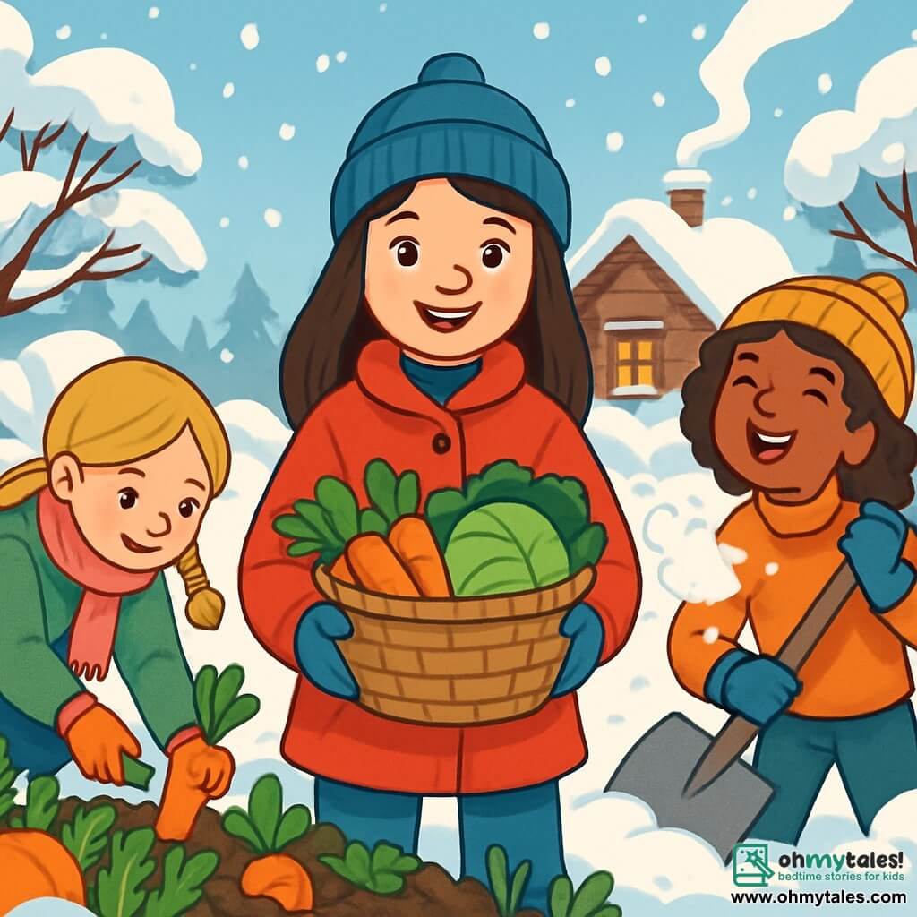 There are three characters: Sophie, a 10-year-old girl with long brown hair, wearing a bright red coat and a blue wool hat, is in the center, smiling and holding a basket full of vegetables. Anya, a 10-year-old girl with braided blonde hair, dressed in a pink scarf and a green jacket, is to the left of Sophie, picking carrots in the garden. Mia, a 10-year-old girl with curly hair and a yellow knitted hat, is to the right of Sophie, holding a shovel and laughing as she throws snow into the air. The setting is a winter garden covered in a thick layer of sparkling snow under the sun, surrounded by trees with snow-laden branches, and an old wooden chalet stands in the background with smoke rising from the chimney. The main scene shows the three friends having fun together, preparing the garden for winter, surrounded by colorful vegetables and gently falling snowflakes.