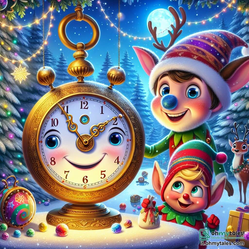 Un orologio a pendolo di nome Tic, con un volto amichevole e lancette dorate che scintillano, si trova al centro della scena, mostrando un'espressione di curiosità e meraviglia. È circondato da fiocchi di neve che cadono dolcemente. Alla sua destra, un elfo di nome Elio, con un grande cappello colorato e orecchie a punta, sorride entusiasta mentre tiene un sacchetto pieno di giocattoli, pronto ad aiutare Tic nella sua missione. A sinistra, una renna dagli occhi scintillanti, Rudolph, con un naso rosso luminoso, guarda Tic con benevolenza, come per incoraggiarlo nella sua avventura. Lo scenario è una foresta incantata, con alberi coperti di neve scintillante e luci di Natale che illuminano i rami, creando un'atmosfera magica. Sullo sfondo, un grande albero di Natale maestoso, decorato con ghirlande colorate, brilla sotto la luna. La situazione principale mostra Tic, Elio e Rudolph uniti nella loro ricerca delle gemme magiche per salvare il Natale di Nevon, con espressioni determinate sui volti, pronti ad affrontare le sfide che li attendono.