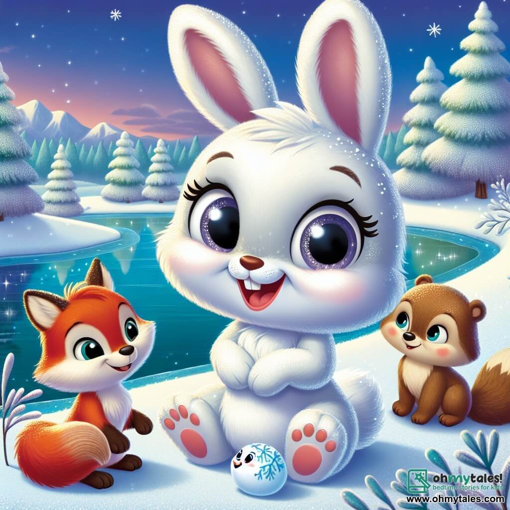 Flurry, a small snow bunny with sparkling eyes and shimmering white fur, joyfully sits by a frozen lake, attentively listening to the gentle whispers of winter stories. She has a big smile on her face, her little ears perked up, and she holds a small snowball in her front paws. Next to her is Benny, a brown bear with gentle eyes and thick fur, who gazes at the lake in wonder. He looks curious and happy, sitting on his hind legs, ready to listen to magical tales. A little further away, Lily, a bright red fox with a bushy tail, approaches playfully, her eyes sparkling with mischief, eager to share her own winter stories. The setting is a beautiful winter landscape, with majestic trees covered in sparkling snow, a light blue sky dotted with falling snowflakes, and the frozen lake reflecting the colors of the sunset. The scene shows Flurry, Benny, and Lily gathered, listening to the whispers of winter stories floating in the air, surrounded by the magic of winter and friendship.