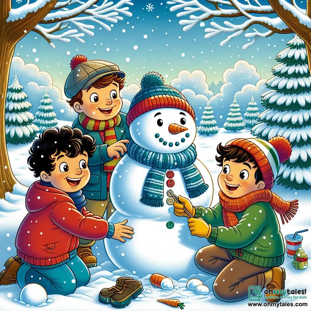 Three boys, Max (8 years old, with curly brown hair, wearing a red jacket and a beanie), Leo (7 years old, with smooth blonde hair, dressed in a blue jacket and a colorful scarf), and Ben (8 years old, with short brown hair, wearing a green jacket and yellow gloves), are building a large snowman in a winter landscape. Max is crouched down, rolling a snowball for the body, while Leo places buttons on the snowman's face. Ben, standing next to him, holds a carrot ready to use as a nose. The setting is a snowy park with trees covered in sparkling snow under a clear blue sky, and snowflakes gently falling. In the background, a snow-covered hill invites sledding, and footprints in the snow show the path they took. The main scene depicts the three friends, happy and focused, creating their snowman, symbolizing friendship and the magic of winter.