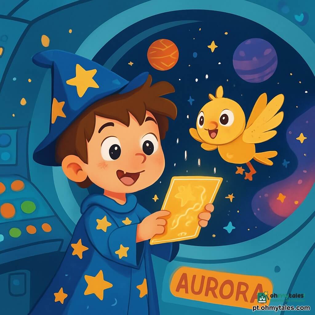 Um jovem garoto chamado Léo, com cabelos castanhos bagunçados e olhos brilhantes de curiosidade, está na janela de sua nave espacial, a Aurora. Ele usa um manto azul adornado com estrelas cintilantes e um chapéu pontudo, exibindo uma expressão de admiração e empolgação. Ao seu lado, um pequeno robô-pássaro chamado Piu, com penas douradas e olhos brilhantes, voa alegremente ao seu redor, emitindo sons felizes. A cena acontece dentro da nave espacial, onde botões coloridos iluminam o painel de controle, e estrelas cintilantes iluminam o espaço através da grande janela. A nave flutua em um oceano de estrelas, com planetas coloridos e nebulosas brilhantes ao fundo. Léo, segurando um mapa mágico que brilha intensamente, está prestes a escolher sua próxima aventura, enquanto Piu o encoraja com entusiasmo.