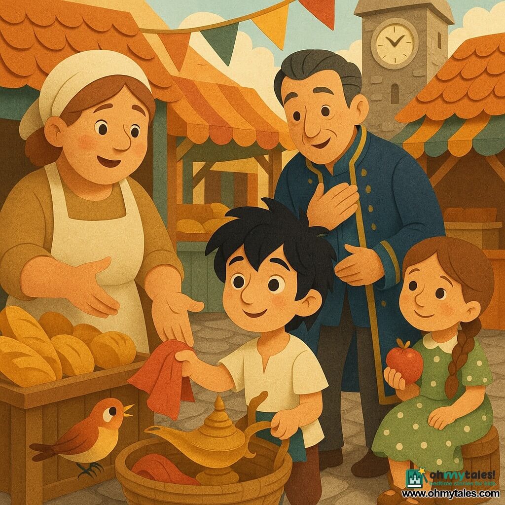 Aladdin, a round-faced expressive boy with messy black hair and big gentle eyes, shyly smiles and offers a small red scarf from a wicker basket, humble posture and open hand; a baker (about 40) with flour-dusted cheeks and a beige apron receives it with surprise, standing by a stall of golden breads to Aladdin's left; a proud merchant (about 50) in a midnight-blue gold-embroidered coat, hair slicked back, hand on his heart in surprise, slightly behind and leaning forward; a little apple seller (about 8) in a green polka-dot dress with brown braids sits on a small barrel to Aladdin's right holding a red apple and looking grateful; a small polished metal magic lamp in the basket emits a soft golden glow; a singing sparrow perches on the basket rim tilting its head toward Aladdin; setting: cobbled market square with painted wooden stalls, fabric banners between orange-tiled roofs and a large stone clock in the background, warm sunlight and soft shadows; main scene: an act of giving and gentle transformation—centered composition, clear expressions, warm colors contrasted by the deep blue coat, simple paper-cut textures, clean outlines and child-friendly shapes