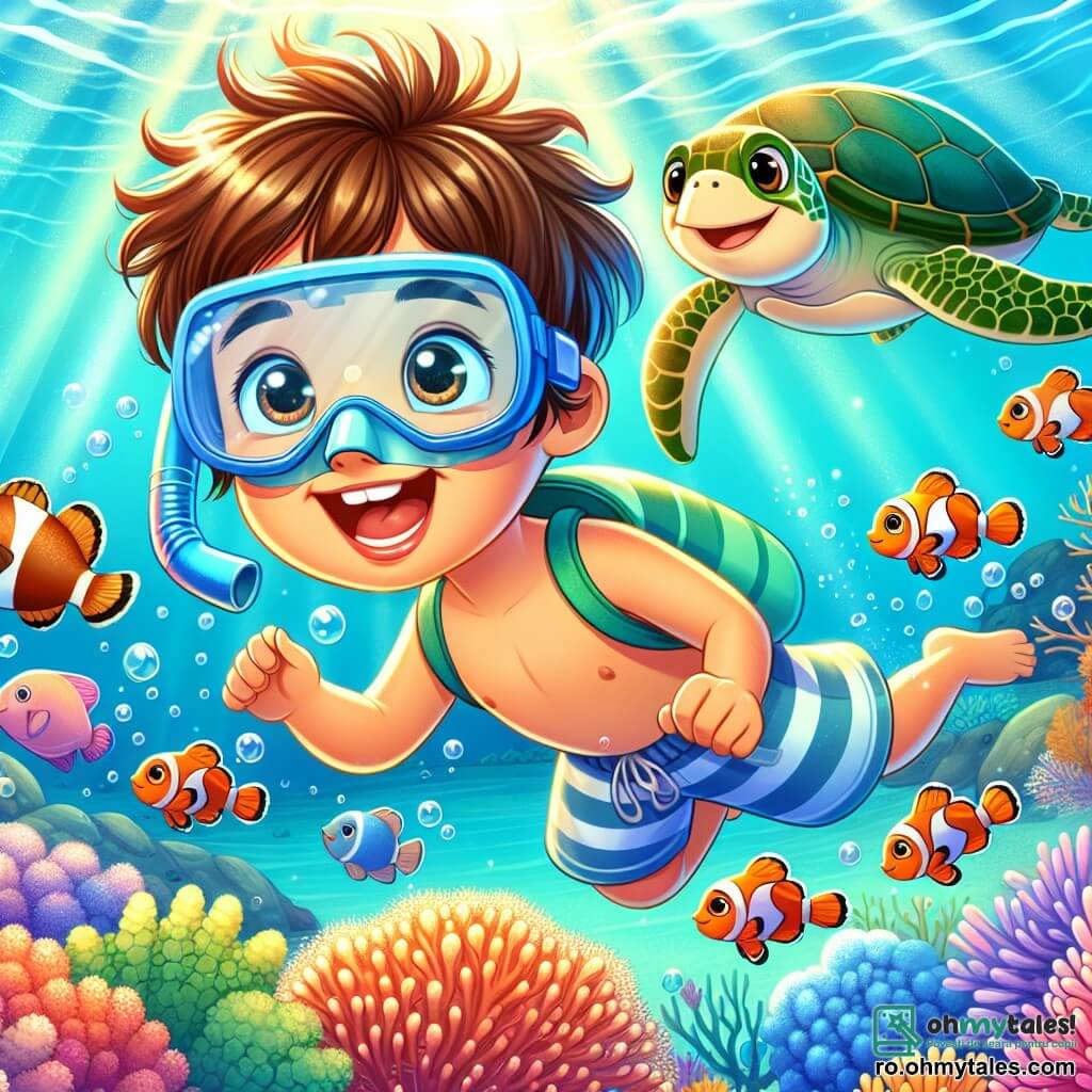 Un băiat de 6 ani, Alex, cu părul castaniu zbârlit și ochi strălucitori de curiozitate, înoată vesel într-o apă cristalină, cu un zâmbet mare pe față. Poartă o mască de scufundare albastră și un costum de baie cu dungi. Lângă el, o brochetă de pești colorați, inclusiv un pește clovn portocaliu și alb, se învârte în jurul lui, adăugând o notă de magie scenei. În fundal, o broască țestoasă mare, cu un carapace verde și maronie, înoată încet, observându-l pe Alex cu bunăvoință. Locul este un recif de corali magnific, unde corali multicolori, roz, galbeni și violeți, se întind ca o grădină subacvatică. Razele soarelui filtrează prin apă, iluminând peisajul marin cu o lumină aurie. Situația principală îl arată pe Alex explorând această lume subacvatică fascinantă, uimit de frumusețea creaturilor marine din jur, în timp ce descoperă un tezaur ascuns: o perlă strălucitoare pe fundul nisipos.