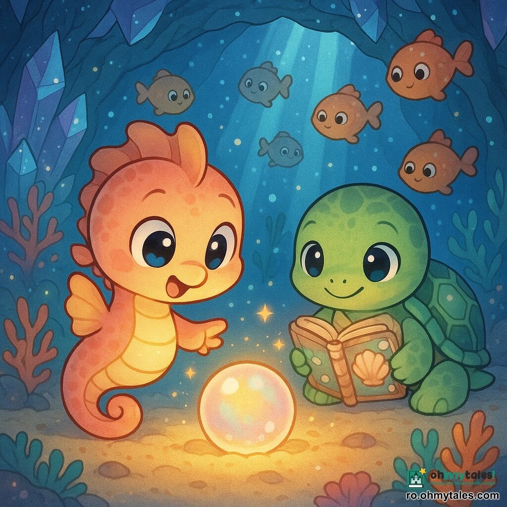 Un căluț-de-mare chibi coral-galben cu ochi mari și zâmbet uimit întinzând o înotătoare către o perlă irizată care emite o lumină aurie și deschide paginile unui carnet cu scoici; în spate o broască țestoasă chibi cu carapace verde și motive sidefate ține carnetul, în jur înotă peștișori curioși, scena are loc într-o grotă subacvatică cristalină cu corali colorați, raze albastre și particule luminoase, atmosferă magică, compoziție centrată, culori pastel saturate și contururi clare.