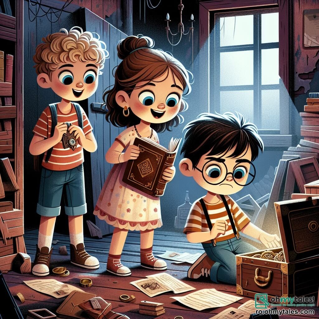 Într-o veche casă abandonată, trei tineri anchetatori se află în centrul imaginii. Andrei, un băiat de nouă ani cu părul creț și ochi strălucitori, ține un vechi jurnal în mâini, având un aer curios și entuziast. La dreapta lui, Maria, o fată de nouă ani cu părul lung blond și o rochie colorată, privește cu uimire o cutie veche pe care tocmai au descoperit-o. La stânga, Ion, un băiat de nouă ani purtând ochelari și un tricou cu dungi, se apleacă pentru a examina conținutul cutiei, având o expresie de excitație pe față. Scena se desfășoară într-o cameră întunecată și plină de praf a casei, cu pereți din lemn decrepiți, pânze de păianjen în colțuri și raze de lumină care filtrează printr-o fereastră spartă, iluminând obiecte vechi împrăștiate pe podea. Cei trei prieteni au descoperit o cutie misterioasă plină de bijuterii vechi, iar privirea lor este plină de uimire și surpriză, realizând că au găsit o adevărată comoară în această casă plină de secrete.
