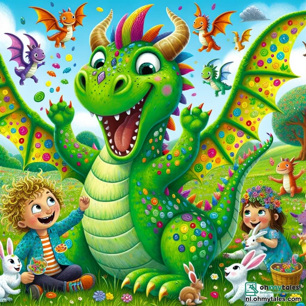 Een groene draak genaamd Daan, met grote glinsterende vleugels en ondeugende sprankelende ogen, danst vrolijk te midden van een groepje kleine gekleurde draakjes die om hem heen cirkelen. Daan heeft een brede glimlach, zijn schubben glinsteren in de zon en hij zwaait enthousiast met zijn staart. Naast hem staat Flip, een 8-jarig jongetje met krullend haar en een gestreepte shirt, die luid lacht terwijl hij zijn armen in de lucht steekt, klaar om met zijn draakenvriend te dansen. Lila, een 7-jarig meisje in een bloemenjurk met een grappige kleurveranderende hoed, zit op het gras te lachen en deelt snacks met nieuwsgierige konijntjes om haar heen. De scène speelt zich af in een groen veld vol kleurrijke bloemen en grote snoepbomen, onder een stralende blauwe lucht met enkele fluffy wolken. De hoofdsetting toont Daan de draak en zijn menselijke vrienden die samen vrolijk dansen, omringd door kleine draakjes en konijntjes, wat een feestelijke en magische sfeer creëert, vol lachen en geluk.