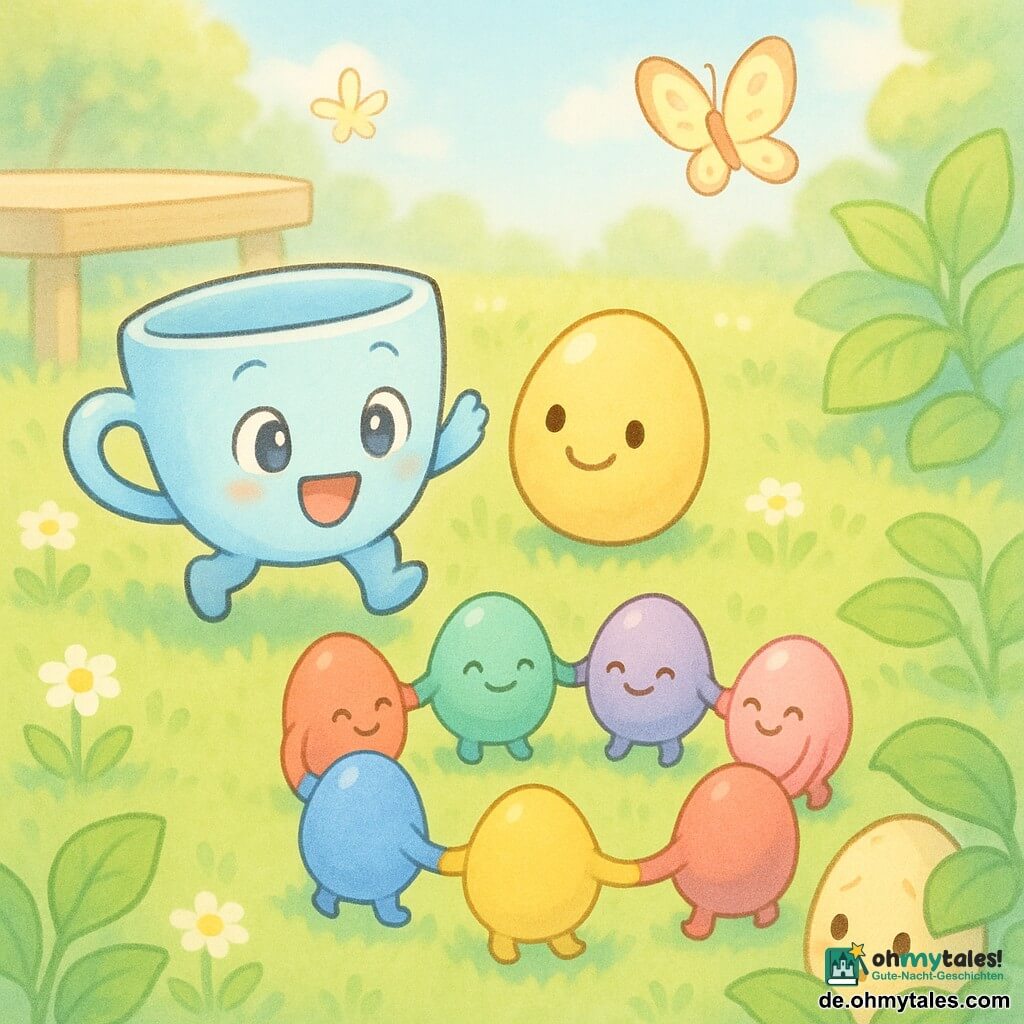 Kleine anthropomorphe Tasse hellblau mit großen runden Augen und fröhlichem Lächeln, sie hüpft leicht im Gras und winkt mit einem kleinen Henkel wie einer Hand, daneben ein gelbes lächelndes Ei, glatt und glänzend, rote, blaue, grüne und violette Eier bilden einen kleinen Kreis und halten unsichtbare Hände, ein scheues kleines cremefarben gesprenkeltes Ei versteckt sich hinter einem grünen Blatt, ein leichter bunter Schmetterling fliegt darüber, sonniger Garten mit hellem grünem Rasen, kleinen weißen Gänseblümchen, großem weichem Laub und einem hellen Holztisch im Hintergrund, blassblauer Himmel, Hauptsituation: freundliche fröhliche Ostereiersuche, die Figuren versammeln sich im Kreis zum Singen und Tanzen, sanfte Stimmung, leuchtende Farben, einfache Formen und runde Silhouetten für Kleinkinder, weicher Manga-Stil mit abgerundeten Zügen, klaren Konturen, glatten Texturen sowie warmem Licht und sanften Kontrasten