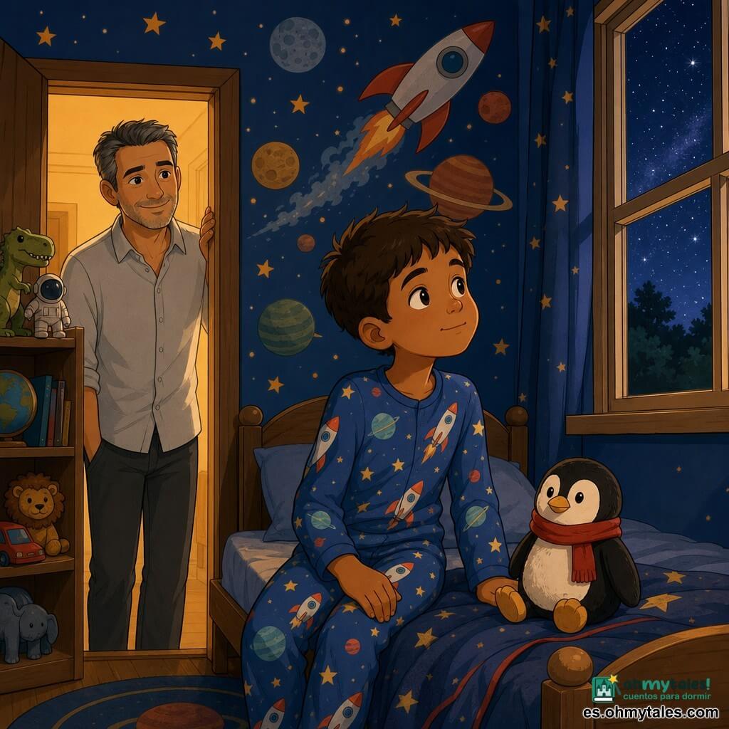 Un niño de 10 años, expresión dulce y algo pensativa, rostro redondo, cabello castaño corto, ojos grandes y luminosos, en pijama azul con motivos de cohetes, sentado al borde de una cama de madera mirando por la ventana. Un hombre adulto (padre) de unos 38 años, aspecto cálido, cabello corto canoso, camisa clara arremangada, sonríe suavemente desde la puerta del pasillo con la mano en el marco como despidiéndose. Un pingüino de peluche negro y blanco con bufanda roja sobre la cubierta, recuerdo de salidas al zoológico. La habitación, iluminada suavemente, tiene un gran mural espacial con planetas coloridos, estrellas doradas y una nave estilizada, una estantería con libros y juguetes y una ventana al cielo estrellado. Situación íntima y tranquila: el niño acepta el cambio mientras el padre vela desde la entrada; ambiente reconfortante con tonos cálidos y azules nocturnos, composición centrada en el niño y el mural para transmitir esperanza y seguridad.