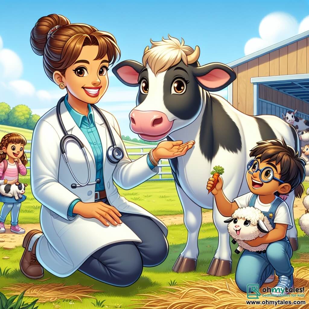 A smiling veterinarian, Dr. Lily, is in her thirties with brown hair in a bun, wearing a white coat and a stethoscope around her neck. She is crouched down, petting a large black and white cow named Daisy, who has a gentle expression. Next to her are two children, Mia and Tom. Mia, an 8-year-old girl with braided blonde hair, holds a carrot out to a fluffy sheep named Woolly, who looks very happy. Tom, a 7-year-old boy with messy brown hair and glasses, laughs as he watches Max, Dr. Lily's small dog, playing with a ball. The scene takes place on a sunny farm with a clear blue sky and green fields in the background. The wooden barn has open doors, revealing other curious animals inside. The main focus shows Dr. Lily checking Daisy's health while Mia and Tom joyfully feed the animals, creating an atmosphere of happiness and camaraderie on the farm.