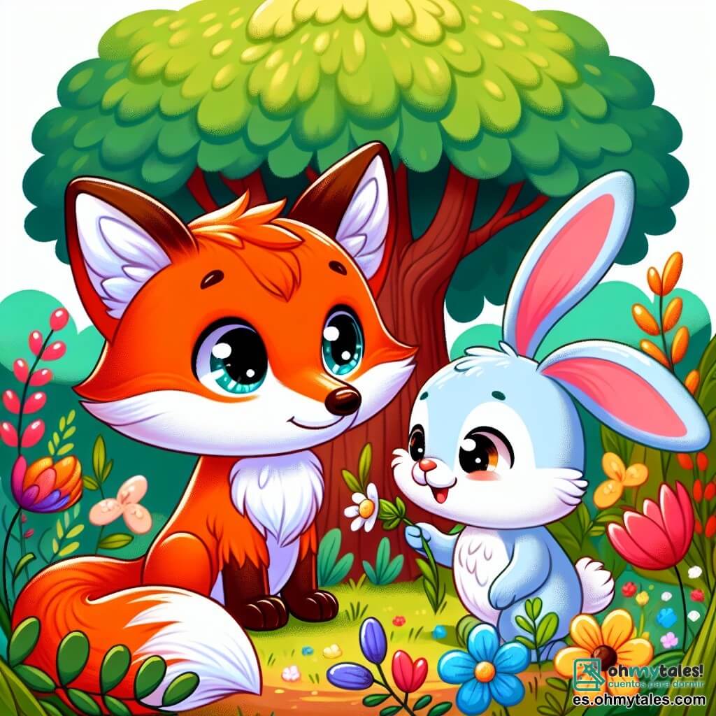 Un pequeño zorro de pelaje naranja brillante, con grandes ojos brillantes y una expresión melancólica, se encuentra en el centro de un jardín colorido, con las patas delicadamente apoyadas en una flor. A su lado, un alegre conejito de largas orejas, con pelaje blanco y suave, mira a su amigo con compasión, los ojos llenos de apoyo, mientras sostiene una pequeña pluma con sus patas. Al fondo, un majestuoso árbol de hojas verdes brillantes se alza, rodeado de flores silvestres de colores vivos, creando una atmósfera pacífica y reconfortante. La escena representa un momento de recuerdo y celebración, donde el zorro y el conejo se reúnen para honrar a un amigo perdido, llenando el aire de tiernos recuerdos y amor.