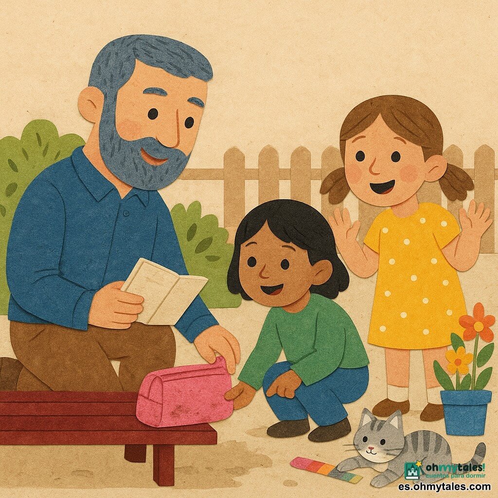 Hombre: alto, con barba corta, pelo corto gris azul, rostro cálido y concentrado, arrodillado, sonriente y amable, sostiene un estuche rosa algo sucio en una mano y un pequeño cuaderno en la otra; Carlota: unos 7 años, pelo castaño claro en coletas, vestido amarillo con lunares, de pie a la derecha del hombre, ojos grandes y alegres, manos levantadas de sorpresa y felicidad; Ana: unos 8 años, pelo negro corto, pantalón azul y sudadera verde, agachada junto a un banco a la izquierda, señalando el suelo embarrado donde se encontró el estuche; Animal: pequeño gato atigrado gris y blanco sentado al pie del banco jugando con una regla multicolor que brilla ligeramente; Lugar: patio de escuela soleado con losas beige, banco de madera rojo oscuro, arbusto pequeño de hojas recortadas, macetas coloridas y valla de madera al fondo; Situación: descubrimiento alegre de un estuche bajo un banco, composición dinámica con personajes cercanos, expresiones claras, texturas de recorte de papel, colores vivos y contrastados, sombras simples y contornos visibles.