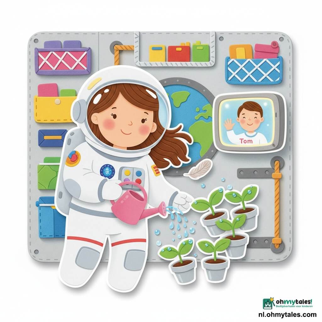 Een glimlachende, rustige vrouwelijke astronaut met bruin golvend haar, rond gezicht en zachte ogen draagt een witte ruimtepak met kleurrijke emblemen en giet water uit een klein roze gieter op zwevende potplanten; onderzoeker Tom verschijnt op een klein verlicht scherm aan de wand en zwaait bemoedigend vanaf de Aarde; groepjes groene bonenplantjes in doorzichtige potjes drijven met glanzende bladeren en waterdruppels; het interieur is een gezellig ruimtemodule met lichtgrijze wanden, kleurige opbergvakken, touwen en netten en een grote ronde ruit waar een blauw-witte Aarde te zien is, warme verlichting en een zachte, eenvoudige compositie voor kinderen, met luchtbellen en een veertje die rondzweven.