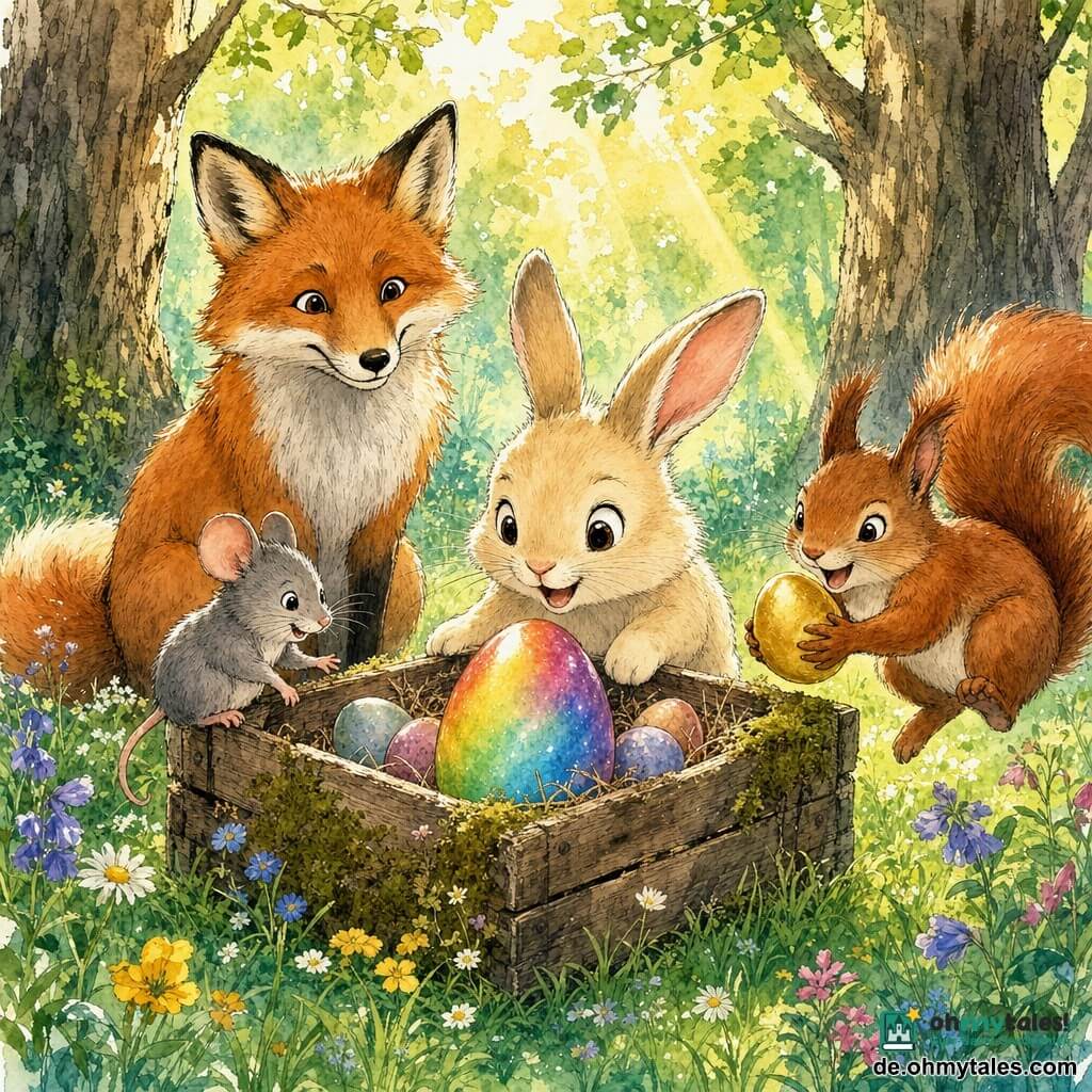 Ein kleiner cremefarbener Hase namens Felix mit sanftem Gesicht und großen rosa Ohren hockt vor einer alten offenen Kiste und hält ein funkelndes Regenbogenei; eine neugierige graue Maus mit glänzenden Augen sitzt am linken Rand und streckt eine Pfote zu den Eiern; ein rötliches, flauschiges Eichhörnchen rechts hält ein goldenes Ei; ein freundlicher hellroter Fuchs sitzt hinten und schaut liebevoll zu; sonnige Waldlichtung mit grünem Gras, Wildblumen, moosbedeckter Kiste und Sonnenstrahlen; Szene: die Tiere öffnen die verzauberte Kiste und entdecken leuchtende, juwelenhafte Eier, warme Gruppenstimmung, zentrierte Komposition, lebendiger, texturierter Farb-Tusche-Stil.