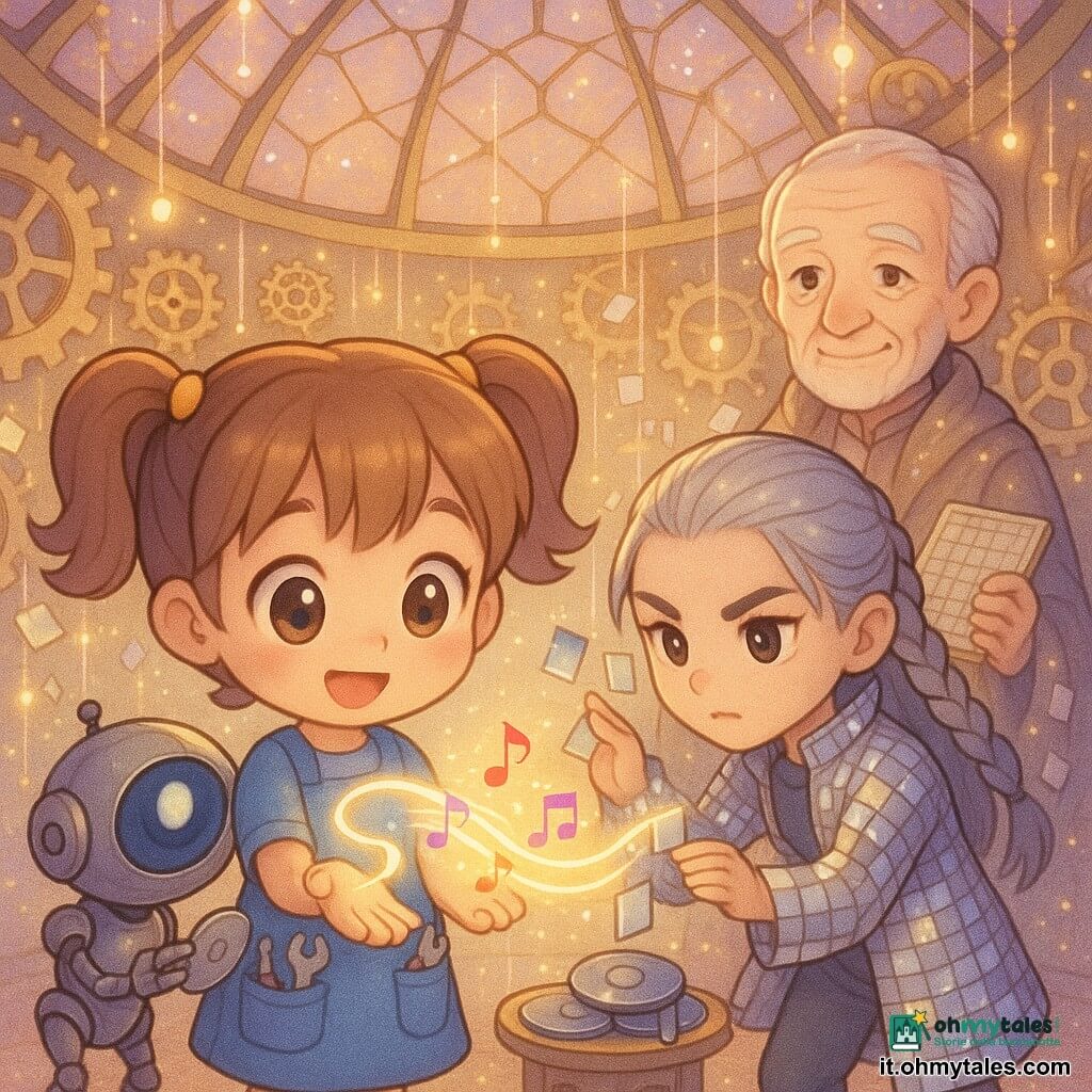 Bambina di 8 anni, capelli castano chiaro a penne, occhi grandi e luminosi, espressione dolce e concentrata, in vestito blu con tasche piene di attrezzi, tiene delicatamente una sottile fascia di luce tremolante sul palmo; piccolo robot Argo, forma rotonda in metallo lucido con grande lente ovale come occhio, attento, sistema piastre sonore vicino alla fascia; adolescente Vega (~15 anni), capelli argentati intrecciati, sguardo deciso, indossa un cappotto di specchietti e posiziona piccoli specchi per riflettere il bagliore; anziano del Concilio ~70 anni, volto rugoso ma benevolo, veste intrecciata di filamenti luminosi, tiene un taccuino vicino a un grande pannello di ingranaggi sullo sfondo; scena in una sala circolare tipo nido d'ape di vetro con volta a cupola, pareti di ingranaggi dorati, specchi scintillanti e fili di luce sospesi, luce soffusa in toni pastello violetta e oro; momento centrale: la bambina pone la mano sulla fascia fragile mentre Argo e Vega la riparano — la fascia ricomincia a cantare visivamente con piccole note colorate e filamenti di luce che si ricongiungono, atmosfera di speranza e cura; stile chibi kawaii, colori pastello saturi, texture lucide e lisce, linee tonde ed espressioni esagerate, composizione incentrata sulle mani e sulla fascia di luce.