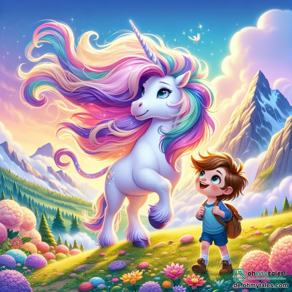 Eine wunderschöne Einhorn namens Luna steht stolz auf einem Berggipfel, ihr Fell schimmert in pastellfarbenen Tönen von Rosa und Violett. Ihre lange, mehrfarbige Mähne weht im Wind, und ihr sanfter Blick drückt sowohl Entschlossenheit als auch Freude aus. Neben ihr steht ein 8-jähriger Junge namens Leo, mit zerzausten braunen Haaren und neugierigen, funkelnden Augen, der fest die Mähne des Einhorns hält. Er trägt ein blaues T-Shirt und Shorts, und sein Gesicht strahlt Mut aus, während er die wunderschöne magische Blume betrachtet, die zu ihren Füßen leuchtet. Die Szenerie ist eine bezaubernde Landschaft mit majestätischen Bergen im Hintergrund, fluffigen Wolken in einem strahlend blauen Himmel und bunten Blumen auf dem grünen Boden. Das goldene Licht der untergehenden Sonne hüllt die Szene in eine magische Atmosphäre. Die Hauptsituation zeigt Leo und Luna vereint in einem mutigen Moment, während sie die magische Blume vor bedrohlichen Windböen schützen, entschlossen, sie sicher zu bewahren und die Schönheit ihrer Welt zu erhalten.