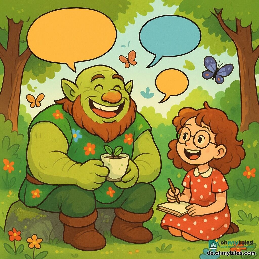 Ein fröhlicher Ogre namens Ogromir mit einem strahlenden Lächeln, einem bärtigen Moosgrin und funkelnden Augen sitzt auf einem großen, moosbedeckten Stein und hält eine Tasse Minztee. Er trägt eine grüne Leinentunika, die mit bunten Blumen verziert ist, und seine muskulösen Arme sind über seinen Knien verschränkt. Neben ihm beobachtet ein 8-jähriges Mädchen mit lockigem Haar und runden Brillen den Ogre voller Staunen. Sie trägt ein gepunktetes Kleid und hält ein Skizzenbuch, bereit, ihren neuen Freund zu zeichnen. Die Szenerie ist eine verzauberte Lichtung, umgeben von knorrigen Bäumen mit glänzenden Blättern, wo bunte Blumen im Wind tanzen. Schimmernde Schmetterlinge fliegen um sie herum und verleihen der Atmosphäre einen Hauch von Magie. Ogromir erzählt eine lustige Geschichte, während das Mädchen herzhaft lacht, ihre Augen vor Aufregung leuchten. Bunte Sprechblasen schweben um sie herum und illustrieren die Witze und das Lachen, die in diesem Moment der fröhlichen Verbundenheit geteilt werden.