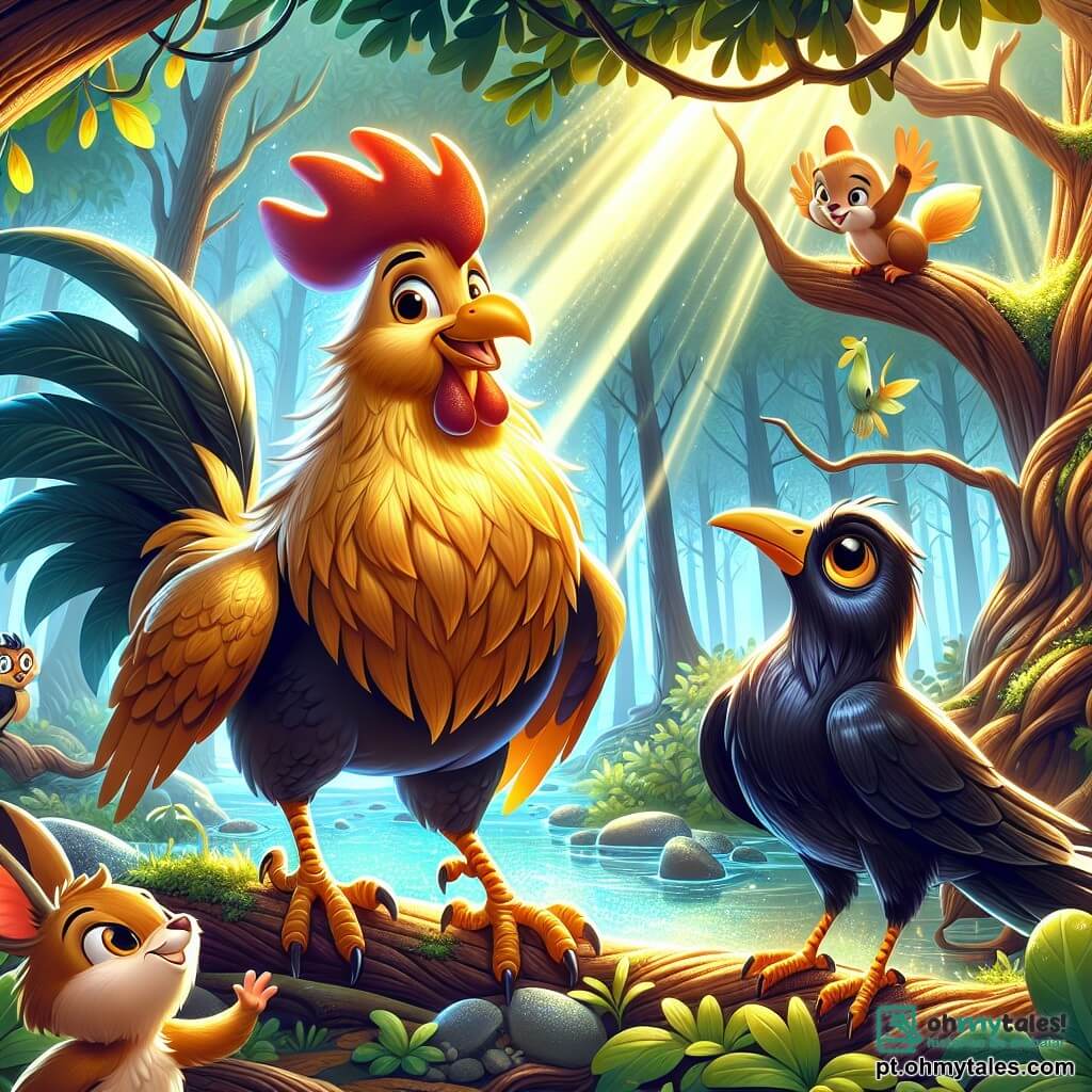 Um galo majestoso chamado Pipoco, com penas douradas brilhantes e um olhar determinado, está no centro da cena, com as asas ligeiramente abertas, pronto para embarcar em uma aventura. Ao seu lado, uma corvo sábia e elegante, com penas pretas brilhantes, empoleirada em um galho, observa com um ar preocupado, seus olhos brilhando de curiosidade. Ao fundo, uma floresta encantada com árvores de troncos retorcidos e folhas vibrantes, iluminada por raios de sol filtrando através da folhagem, cria uma atmosfera mágica. Pipoco, misturando excitação e nervosismo, se prepara para atravessar um riacho cintilante, enquanto um pequeno grupo de animais curiosos, incluindo um coelho de orelhas grandes e um esquilo travesso, o incentiva a avançar, adicionando um toque de camaradagem a esta cena de aventura.