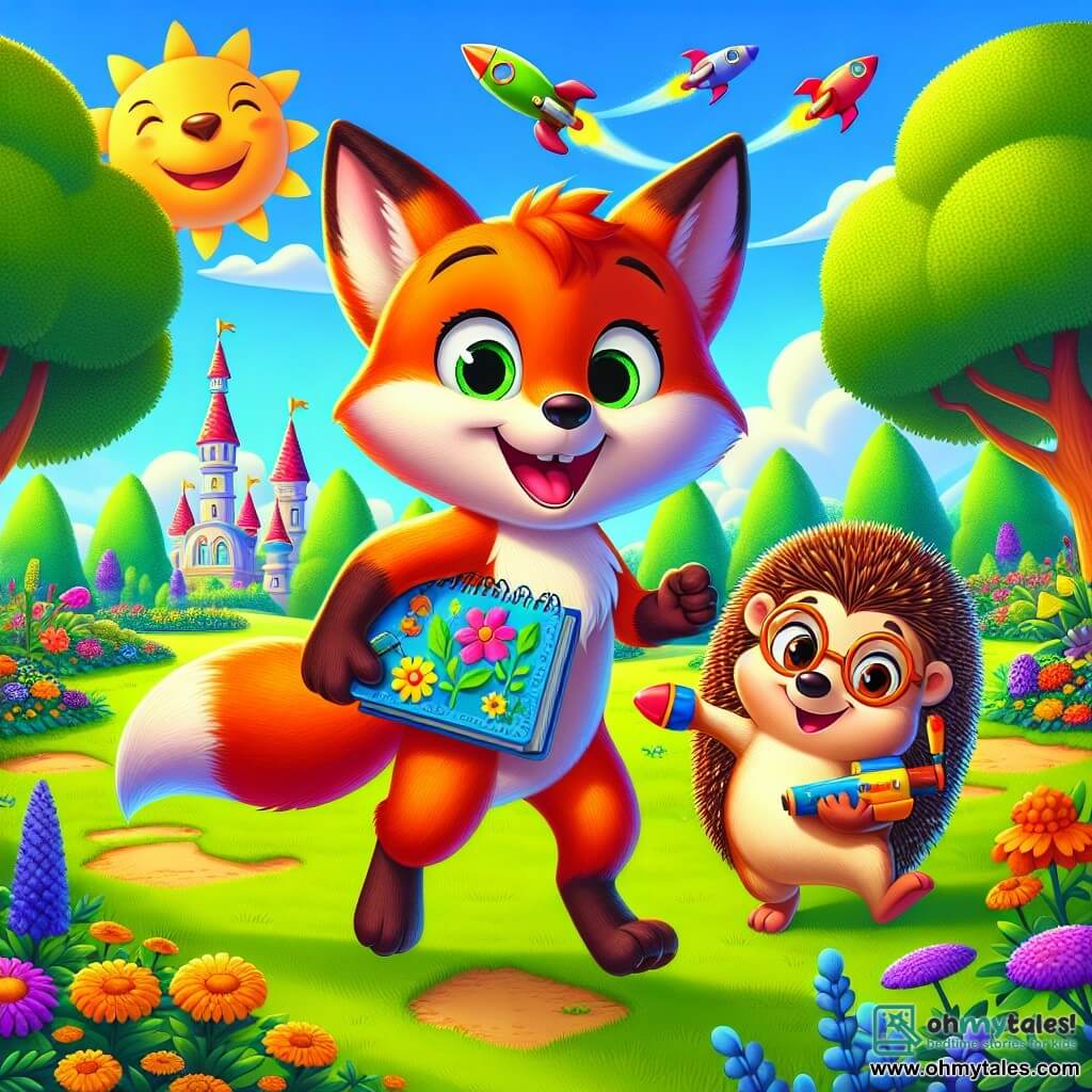 In the foreground, Finn the fox, a young fox with bright orange fur and large, sparkling eyes full of excitement, is jumping for joy while holding a sketchbook filled with colorful drawings. Beside him, Max the hedgehog, with his brown spines and round glasses, smiles proudly while holding a small plastic rocket model. In the background, a lush park stretches out, filled with colorful flowers and majestic trees, where other animals are playing and laughing. The scene exudes a joyful and sunny atmosphere, capturing the spirit of adventure and friendship of an unforgettable summer.