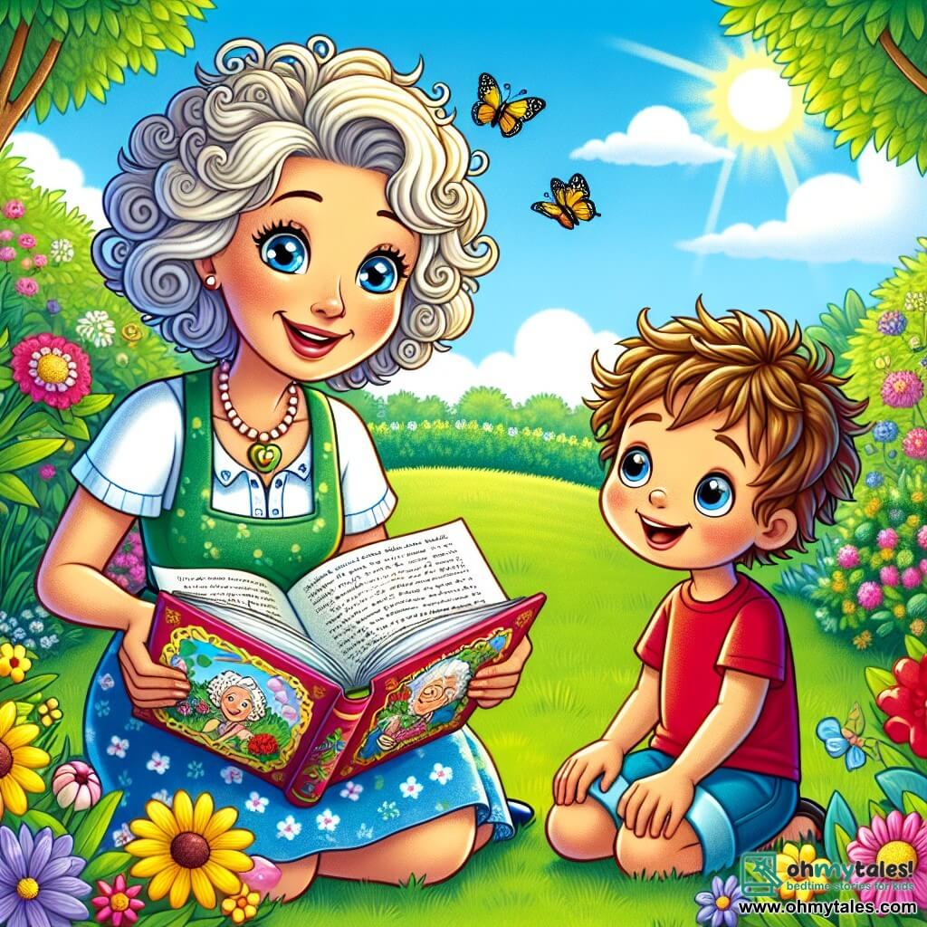 In a sunny garden, a teacher named Miss Lily, a woman in her fifties with curly hair and sparkling blue eyes, is sitting on the green grass. She is smiling warmly, holding an open book in her hands, surrounded by colorful flowers swaying in the breeze. Next to her, a little boy named Timmy, 7 years old with messy brown hair and curious eyes, is sitting cross-legged, listening attentively. He is wearing a red t-shirt and blue shorts, with a big smile on his face, captivated by Miss Lily's stories. The garden is filled with bright colors, with butterflies flying around the flowers and a light blue sky dotted with fluffy white clouds. In this scene, Miss Lily enthusiastically shares memories from her class, while Timmy, amazed, dreams of becoming a teacher like her, ready to explore the world of books and learning.