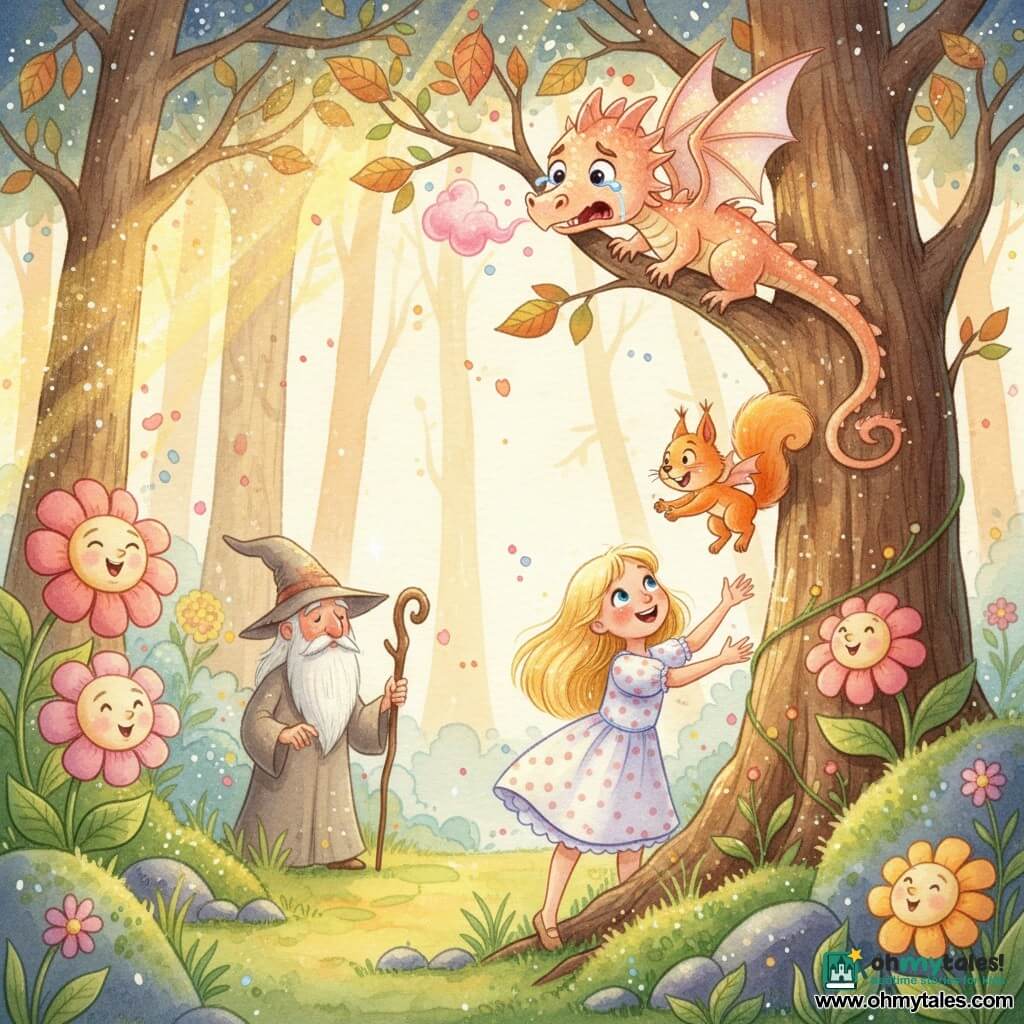 A small dragon named Sparkleflame, pearlescent peach with shiny scales and semi‑translucent wings, looks both frightened and comical—wide wet eyes, a snout steaming like cotton candy, wings tangled in branches near the top of a tree; Lily, about nine, with bright blond hair and a light polka‑dot dress, reaches up gently from the tree base, brave and compassionate; Nutkin the squirrel, small with bright rust fur and a mischievous look, climbs the trunk to free the dragon, claws gripping the bark; Merlin, an old man with a long white beard and a worn pointed hat, watches a few steps away holding his wand, kindly and mysterious; the scene is in an enchanted forest of shimmering multicolored leaves, large singing flowers, soft moss and lichen‑covered stones, golden sunbeams dappling the clearing — a tender, comic rescue as the squirrel climbs while the dragon’s wings stay stuck, Lily encourages, and Merlin watches in a luminous, slightly surreal atmosphere.