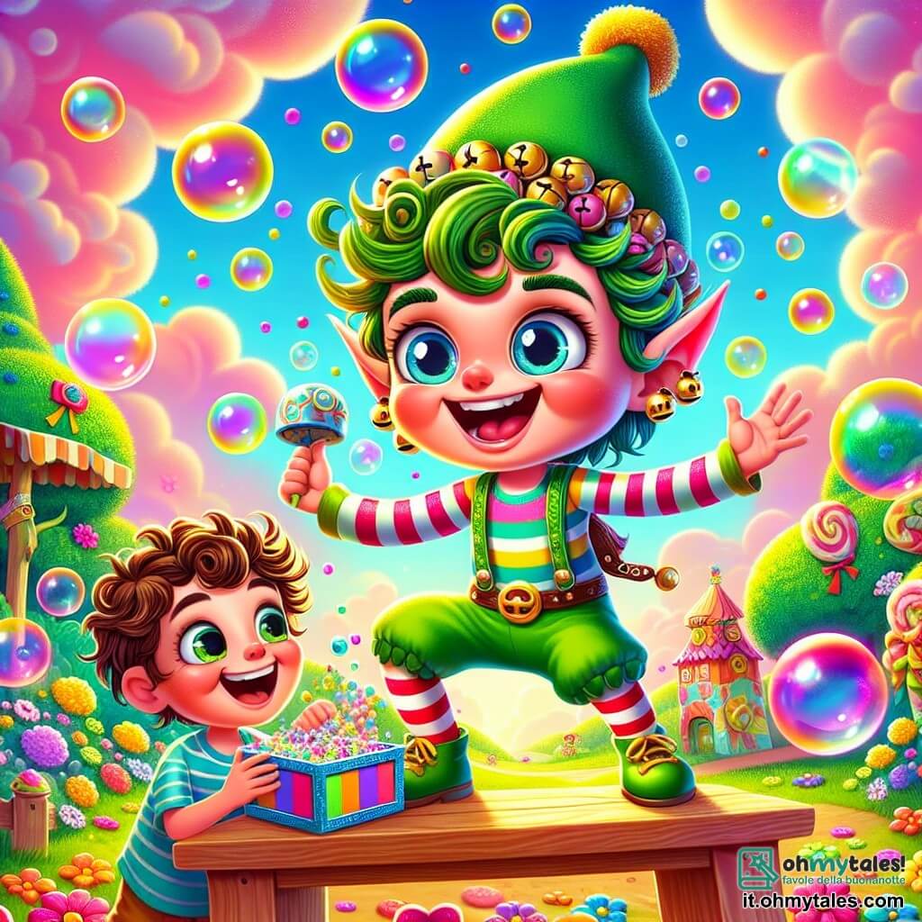 Un follet di nome Lillo, con capelli verdi arruffati e un grande sorriso malizioso, indossa un cappello a punta decorato con campanellini che tintinnano ad ogni movimento. Danza gioiosamente su una panchina di legno, circondato da bolle di sapone scintillanti che fluttuano attorno a lui. Accanto a lui, un ragazzo di dieci anni di nome Tito, con capelli castani ricci e occhi brillanti di malizia, ride a crepapelle. Indossa una maglietta a righe colorate e pantaloni di denim, tenendo una scatola misteriosa che emette bolle multicolori. Tito è in piedi di fronte a Lillo, pronto a svelare il suo prossimo trucco. Lo scenario è un parco incantato a Zampettopoli, con alberi fatti di caramelle e fiori dai colori vivaci. Il cielo è pieno di nuvole morbide e rosa, mentre un arcobaleno di coriandoli illumina la scena. La situazione principale mostra Lillo e Tito in una competizione di barzellette, ognuno cercando di far ridere l'altro con trucchi magici e sorprese divertenti, creando un'atmosfera gioiosa e scintillante di risate e colori.