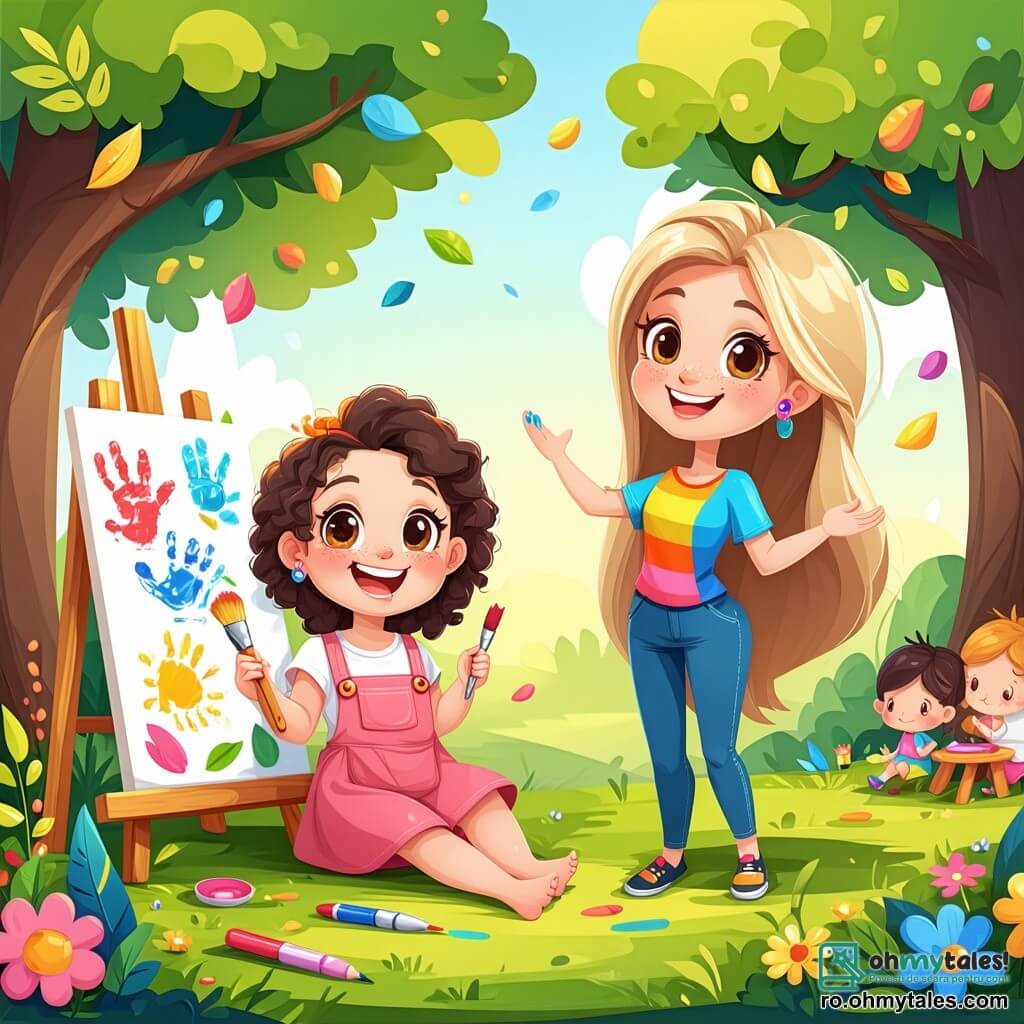 O fetiță de 2 ani, cu ochi mari și strălucitori și păr creț, zâmbește fericită ținând o pensulă în mână. Ea stă pe iarba verde, înconjurată de frunze colorate și flori strălucitoare. Lângă ea, o educatoare zâmbitoare, de aproximativ 30 de ani, cu păr lung și blond, poartă un tricou colorat și îi încurajează pe copii să picteze. Ea stă în picioare, cu brațele deschise, în fața unei tablouri pline de desene colorate. Locul este un club de vară în aer liber, cu copaci măreți, un cer albastru strălucitor și copii care se joacă în jur. Râsetele și strigătele de bucurie răsună în aerul cald și însorit. Fetița se distrează pictând culori vii pe foaia ei, cu un zâmbet mare pe față, în timp ce alți copii dansează și se joacă cu o minge în apropiere.