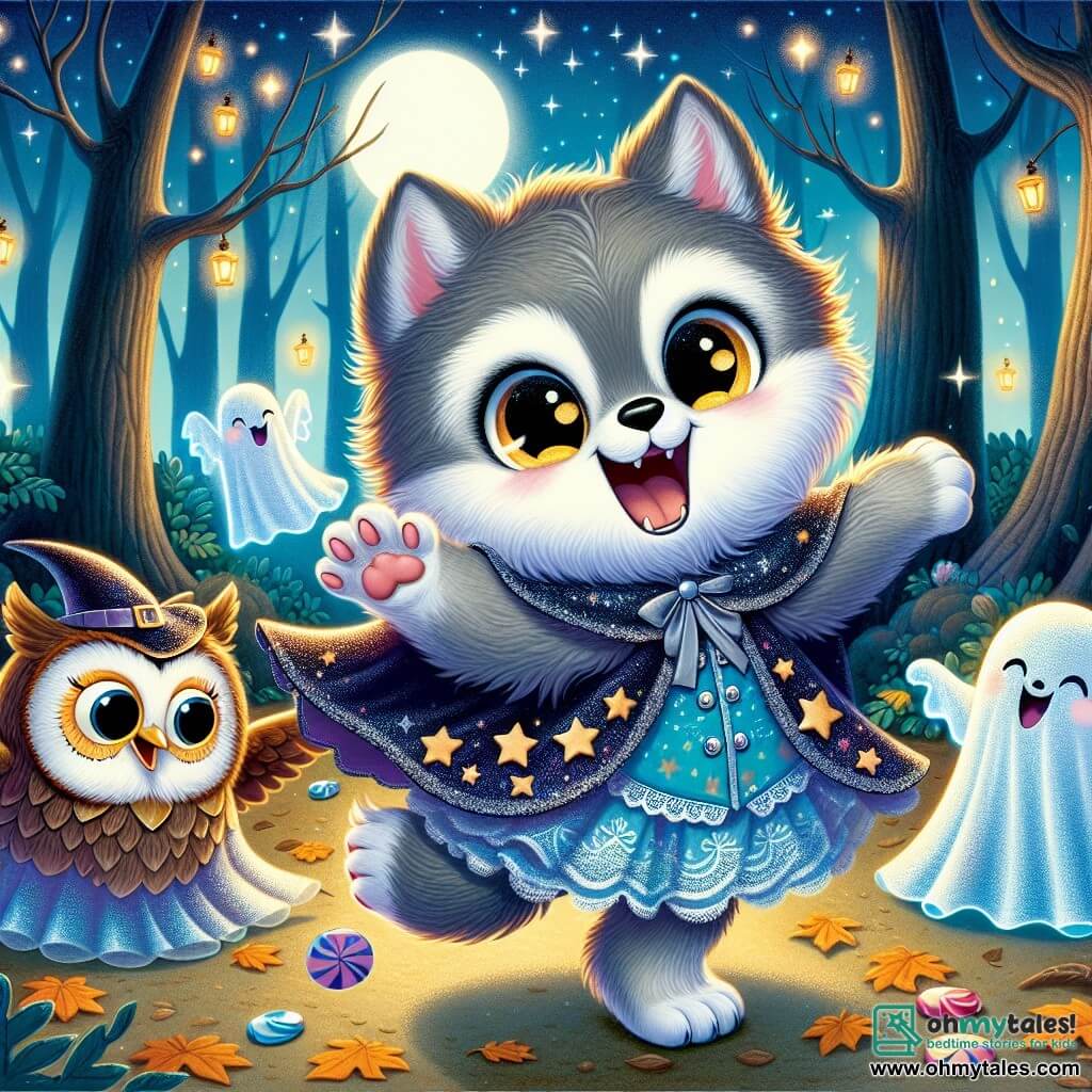 An illustration depicts a small wolf with fluffy gray fur and sparkling yellow eyes full of excitement. It wears a beautiful midnight blue cape adorned with shimmering stars and a silver wolf-shaped mask, showing a big joyful smile as it dances under the moonlight. Beside it, a small owl with brown feathers and large round eyes, expressing sparkling curiosity, hovers slightly above the ground, its wings spread, ready to explore the unknown. A group of cheerful ghost rabbits, with translucent bodies and colorful costumes, float around them, laughing and dancing with enthusiasm. The main setting is an enchanted forest, where tall trees with gnarled trunks rise toward the starry sky, their twisted branches casting mysterious shadows on the ground covered with golden leaves. Fireflies twinkle in the cool air, adding a magical touch to the nighttime atmosphere. The main scene shows the small wolf and its friends joyfully dancing around a sparkling treasure chest filled with colorful candies and Halloween treats as they discover the wonders of the night. Other graphic elements include smiling pumpkins scattered throughout the forest, bright stars in the sky, and a festive, mysterious ambiance that evokes the spirit of Halloween.