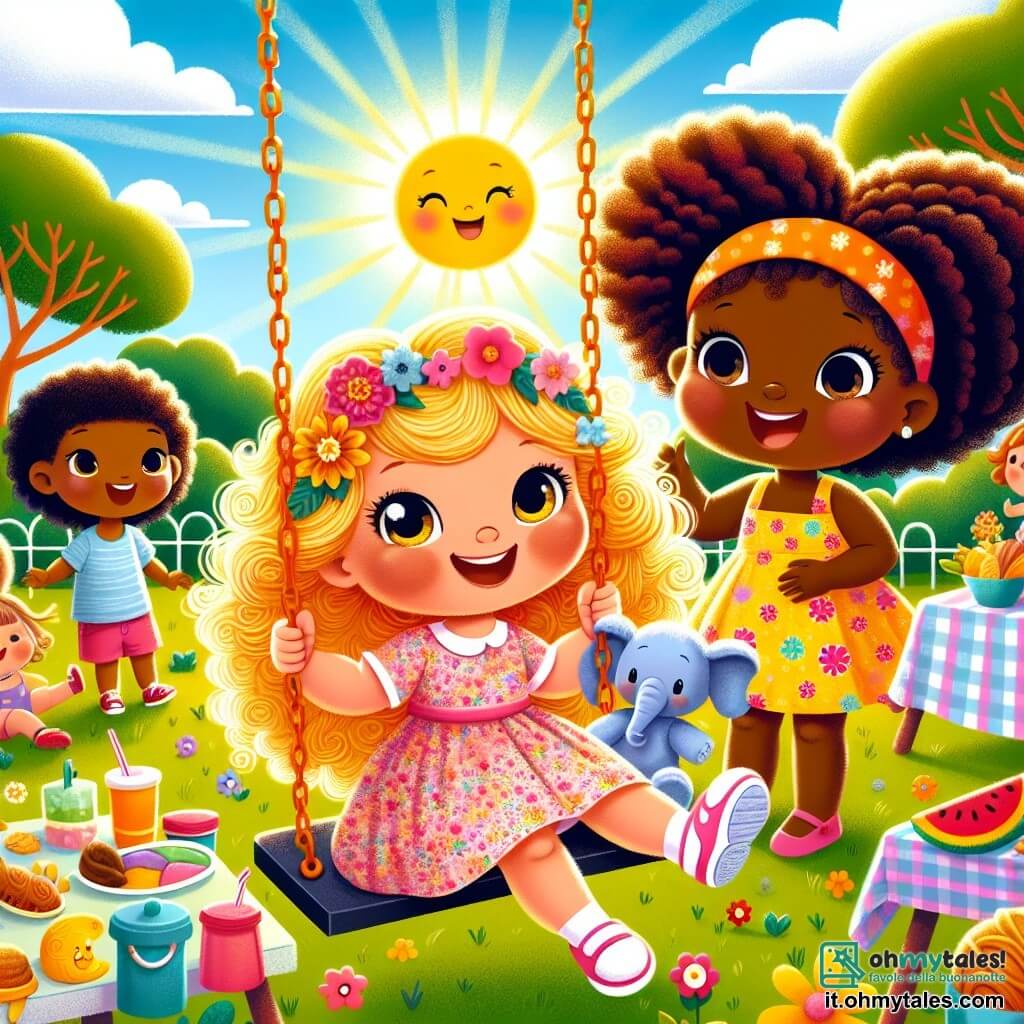 In un parco soleggiato, una bambina di 4 anni di nome Mia, con capelli biondi e ricci e un sorriso splendente, gioca su un'altalena. Indossa un vestito rosa a fiori e i suoi occhi brillano di eccitazione mentre invita i suoi amici a unirsi a lei. Accanto a lei, Amina, un'altra bambina di 4 anni di origine africana con capelli crespi e un bel sorriso, tiene in mano un pupazzo d'elefante. Indossa un vestito colorato e guarda Mia con gioia, pronta a giocare. Il parco è pieno di verde, con alberi maestosi, fiori colorati e bambini che ridono e giocano intorno a loro. In lontananza, si vede un tavolo da picnic con piatti di diverse culture, aggiungendo un tocco di diversità alla scena. La situazione principale mostra Mia e Amina che giocano insieme, ridendo e condividendo storie sulle loro culture, illustrando così la bellezza dell'amicizia e della diversità.