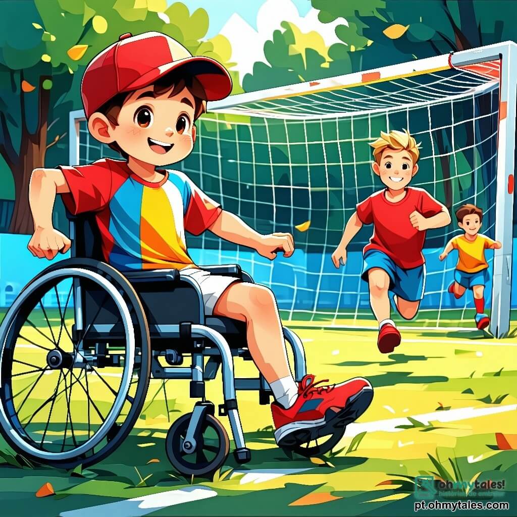 Um garoto de 6 anos chamado Miguel, com cabelos castanhos e olhos brilhantes de alegria, está sentado em sua cadeira de rodas, com um grande sorriso no rosto. Ele usa uma camiseta colorida e um short, e está defendendo o gol durante uma partida de futebol com seus amigos. Ao lado dele, um garoto de 6 anos chamado João, com cabelos loiros e um boné vermelho, corre entusiasticamente em direção à bola, com os braços levantados em sinal de incentivo. Ao fundo, um grupo de crianças de diferentes idades e origens brinca alegremente em um parque verdejante, repleto de árvores com folhas brilhantes e flores coloridas que dançam ao vento. A cena mostra Miguel em plena ação, realizando uma bela defesa com sua cadeira de rodas, enquanto seus amigos o incentivam com gritos de alegria, ilustrando o espírito de inclusão e amizade que permeia este momento mágico.