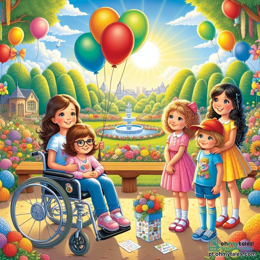 Em um parque ensolarado, quatro meninas estão em círculo, sorrindo calorosamente. Clara, de 10 anos, está em uma cadeira de rodas colorida, com cabelos castanhos e óculos, segurando um balão vermelho. Ao lado dela, Sofia, de 9 anos, com cabelos loiros cacheados e um vestido rosa, olha para Clara com carinho. Lúcia, de 10 anos, com cabelos negros e lisos, usa uma camiseta azul e segura uma caixa decorada com desenhos coloridos. Por fim, Ana, de 9 anos, com cabelos castanhos e um boné, sorri segurando um balão verde. O parque é cheio de flores coloridas, árvores majestosas e um céu azul com nuvens brancas. No centro, um grande banco de madeira decorado com guirlandas de flores cria uma atmosfera alegre e tranquila. As meninas se preparam para soltar balões coloridos no céu, cada um com uma carta para o avô de Clara, celebrando suas memórias e seu amor por ele.