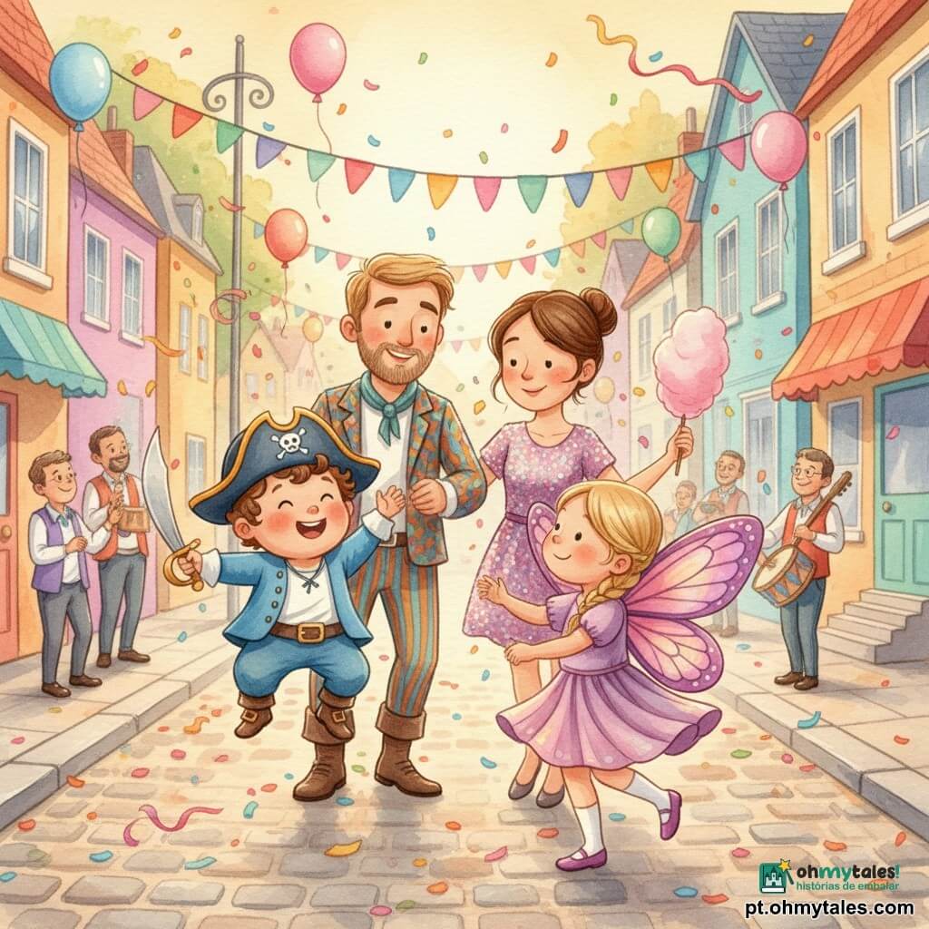 Um menino de 2 anos, rosto redondo, cabelo castanho encaracolado, olhos sorridentes e expressão maravilhada, veste fantasia de pirata azul com chapéu engraçado e espada de tecido, pula no ar com as bochechas rosadas; à sua direita, uma menina de ~5 anos fantasiada de borboleta, cabelo loiro em tranças e grandes asas irisadas rosa e violeta, gira sorrindo; atrás do menino, o pai de cerca de 35 anos com barba rala segura sua mão esquerda com olhar afetuoso; ao lado do pai, a mãe de ~33 anos com cabelo preso e vestido de lantejoulas segura uma grande algodão-doce rosa na mão direita; a rua do carnaval é de paralelepípedos, ladeada por casas coloridas, guirlandas multicoloridas, balões redondos e serpentinas, luz quente dourada do fim da tarde; cena principal: a família dança no meio da rua, confetes caem ao redor, músicos e tambores ao fundo, atmosfera festiva, movimentos fluidos, cores saturadas e textura suave de aquarela.