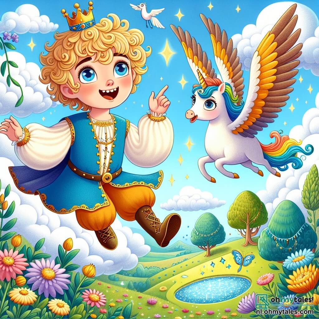 Prins Lino, een jonge jongen met blond, krullend haar, draagt een blauwe tuniek versierd met gouden details en een iets scheve kroon. Hij heeft een grote glimlach op zijn gezicht, vol verwondering, terwijl hij door de lucht zweeft, omringd door donzige wolken. Naast hem vliegt het kleine vogeltje Pip, een kleurrijke vogel met heldere veren, vrolijk rond, met sprankelende nieuwsgierige ogen. Onder hen strekt zich een prachtig landschap uit: een uitgestrekt veld met kleurrijke bloemen, een glinsterend meer als diamanten en een mysterieuze bossen met majestueuze bomen waarvan de bladeren in de zon glanzen. De hoofdscène toont Lino en Pip in volle vlucht, terwijl ze een betoverende wereld ontdekken en zich voorbereiden om een klein eenhoorn dat vastzit in een haag te helpen, wat de geest van avontuur en vriendschap van het verhaal illustreert.