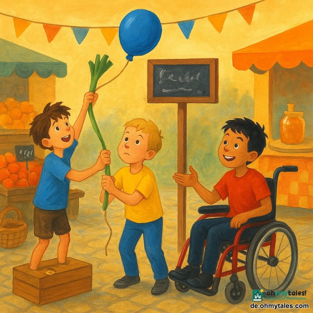 Drei Jungen, etwa 8 Jahre alt: Ben mit zerzausten braunen Haaren und blauem T‑Shirt steht links auf einer Holzkiste und reicht einen langen grünen Lauch nach oben, Oskar mit kurzen blonden Haaren und gelbem T‑Shirt steht in der Mitte und hält die Basis der Schnur, Sami mit schwarzen Haaren sitzt rechts im roten Rollstuhl, trägt ein rotes T‑Shirt und lächelt ermutigend; Schauplatz ein belebter Morgenmarkt mit gepflastertem Weg, bunten Obst- und Gemüseständen, Holzschild mit Kreidepreisen, Wimpelgirlande und sanftem Wind — die blaue Kugel steckt auf dem Schild fest, die Kinder versuchen sie mit dem Lauch herunterzuholen, komische, leichte Atmosphäre.