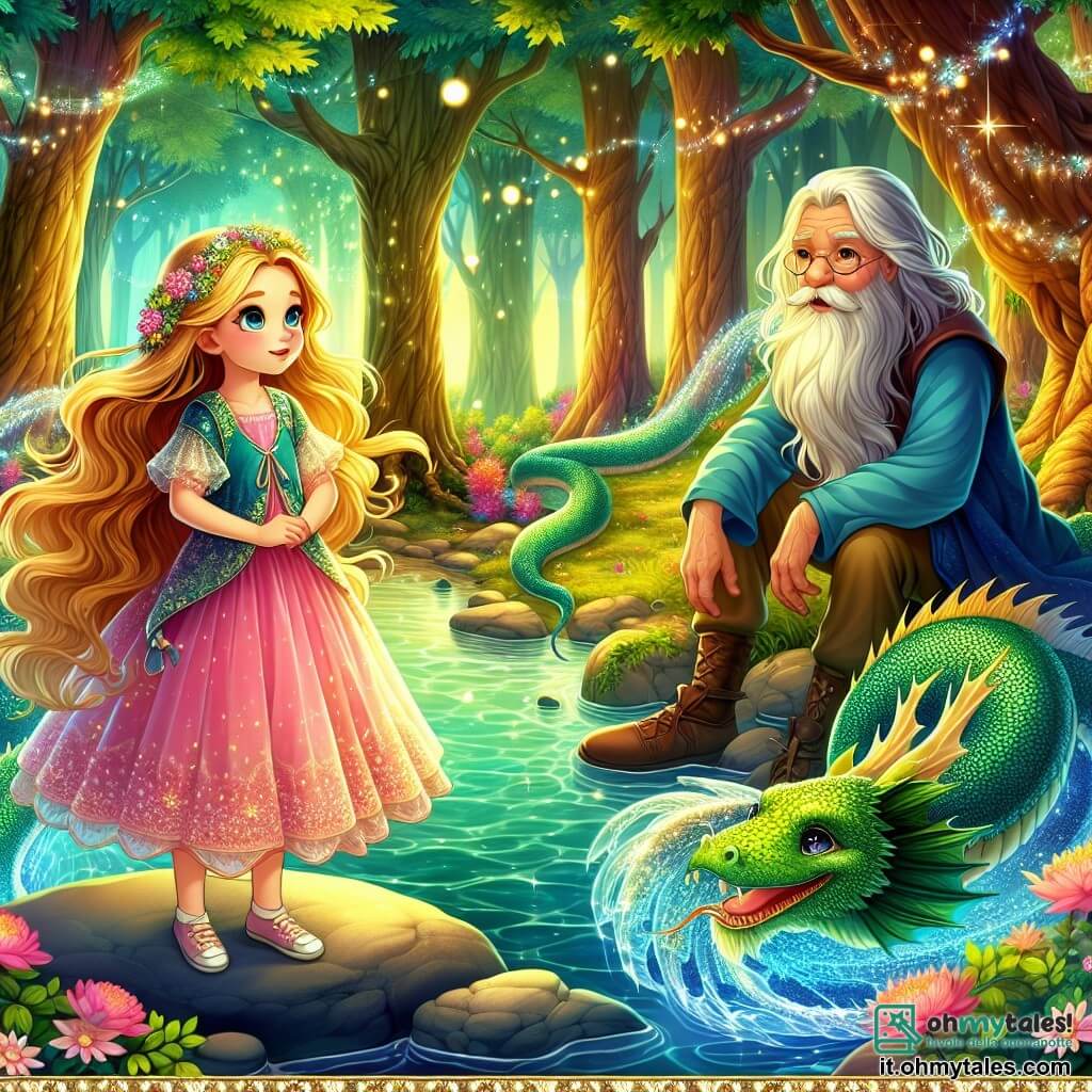Una principessa di nome Aurora, di circa 12 anni, si trova sulla riva di un scintillante Fiume dei Desideri. I suoi lunghi capelli dorati fluttuano dolcemente nel vento e i suoi occhi brillano di meraviglia e determinazione. Indossa un vestito rosa decorato con fiori delicati e il suo viso esprime una dolce curiosità. Accanto a lei, un vecchio saggio con una lunga barba bianca, di circa 70 anni, è seduto su una pietra liscia. Indossa una tunica blu e un cappello a punta, e guarda Aurora con un sorriso benevolo, pronto a offrirle preziosi consigli. Un drago d'acqua dalle squame scintillanti emerge dal fiume, i suoi occhi brillano di saggezza, pronto ad ascoltarla. Il luogo è una foresta incantata, con alberi maestosi e foglie verde smeraldo che danzano al vento. Fiori colorati coprono il terreno e il sole filtra tra i rami, creando bagliori di luce magica. La scena principale mostra Aurora, con le braccia tese verso il drago d'acqua, esprimendo il suo sincero desiderio di pace e armonia nel suo regno. L'atmosfera è pervasa da una dolce magia e da una luce dorata, simbolo di speranza e coraggio.
