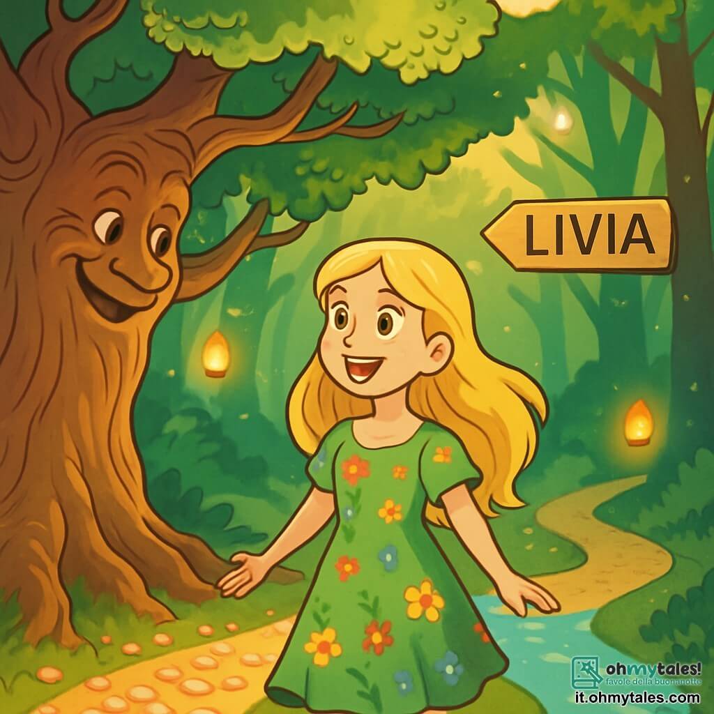 Una giovane donna di nome Livia, con lunghi capelli dorati e occhi pieni di curiosità, si trova al centro dell'immagine, il viso illuminato da un sorriso meravigliato. Indossa un vestito leggero verde, decorato con fiori colorati, che danza dolcemente con il vento. Alla sua destra, una maestosa quercia con un tronco contorto e rami allungati sembra parlarle con una voce dolce e rassicurante. Ai suoi piedi, petali scintillanti coprono il sentiero, creando un tappeto magico. Il paesaggio è un magnifico bosco incantato, dove i raggi di sole filtrano attraverso il fogliame, illuminando bagliori dorati e ombre danzanti. Piccole lanterne fluttuano intorno a loro, aggiungendo un tocco di mistero all'atmosfera. Livia si trova davanti a una scelta cruciale, osservando con meraviglia i tre sentieri che le si presentano: uno cosparso di petali brillanti, un altro avvolto nella nebbia azzurra e l'ultimo illuminato da lanterne scintillanti, ognuno promettendo un'avventura unica.