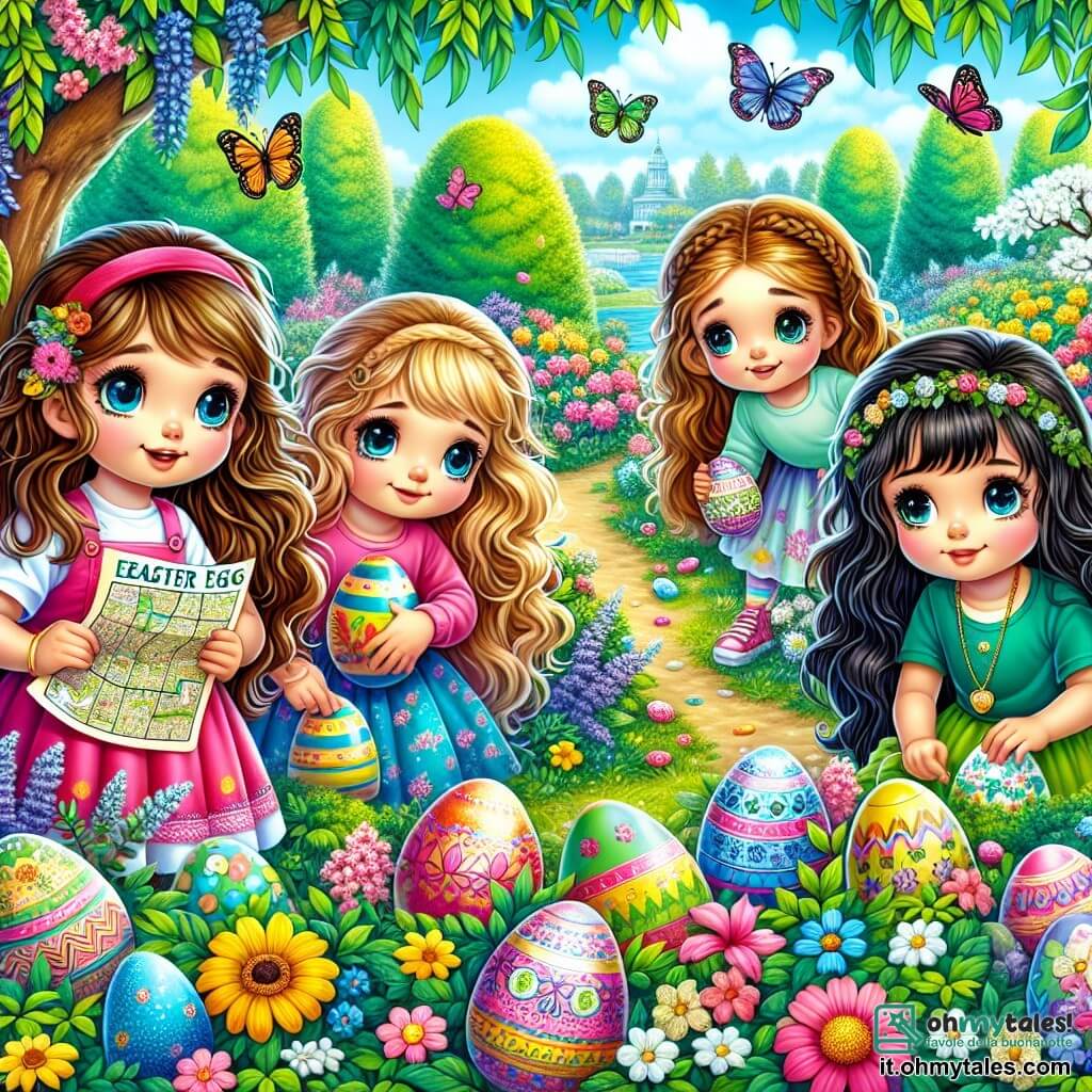 In un grande giardino colorato, quattro ragazze sono riunite. Sara, una ragazza di 8 anni con lunghi capelli castani e un vestito rosa, sorride tenendo una mappa del tesoro. Accanto a lei, Lila, una ragazza di 7 anni con capelli biondi ricci e un vestito giallo, indica un bel mazzo di fiori. Mia, una ragazza di 9 anni con capelli neri intrecciati e una maglietta blu, è accovacciata, esaminando un uovo nascosto sotto un albero. Infine, Zoe, una ragazza di 6 anni con capelli castani e una piccola gonna verde, è in piedi con un'espressione incantata, tenendo un grande uovo colorato. Il giardino è pieno di fiori brillanti, alberi verdi e un cielo blu soleggiato. Le quattro amiche sono in piena caccia alle uova di Pasqua, cercando con entusiasmo le uova nascoste tra i fiori, ridendo e incoraggiandosi a vicenda nella loro avventura.