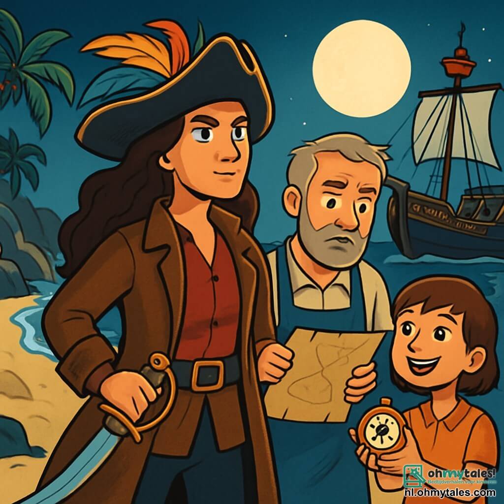 Kapitein Mirna, een vrouw met een vastberaden blik en lang golvend haar, staat op het strand, haar gezicht verlicht door het volle maanlicht. Ze draagt een piratenhoed versierd met kleurrijke veren en een versleten leren jas, terwijl een glinsterend zwaard aan haar taille hangt. Naast haar bekijkt Joris, een man van rond de vijftig met een grijze baard en een schort, een schatkaart met een bezorgde uitdrukking. Lila, een jong meisje van ongeveer 12 jaar met kort haar en sprankelende ogen, houdt een kompas vast, klaar om de expeditie te leiden. De scène speelt zich af op een fijn zandstrand, omringd door steile rotsen en golven die onder de maan schitteren. Palmbomen wiegen zachtjes in de wind, wat een tropische sfeer toevoegt. Mirna, Joris en Lila bereiden zich voor om aan boord te gaan van hun oude schip, De Windvanger, dat net achter hen is aangemeerd. Ze wisselen vastberaden blikken uit, klaar om op zoek te gaan naar de legendarische Zilveren Parel, gestolen door de mysterieuze Kapitein Kraai.