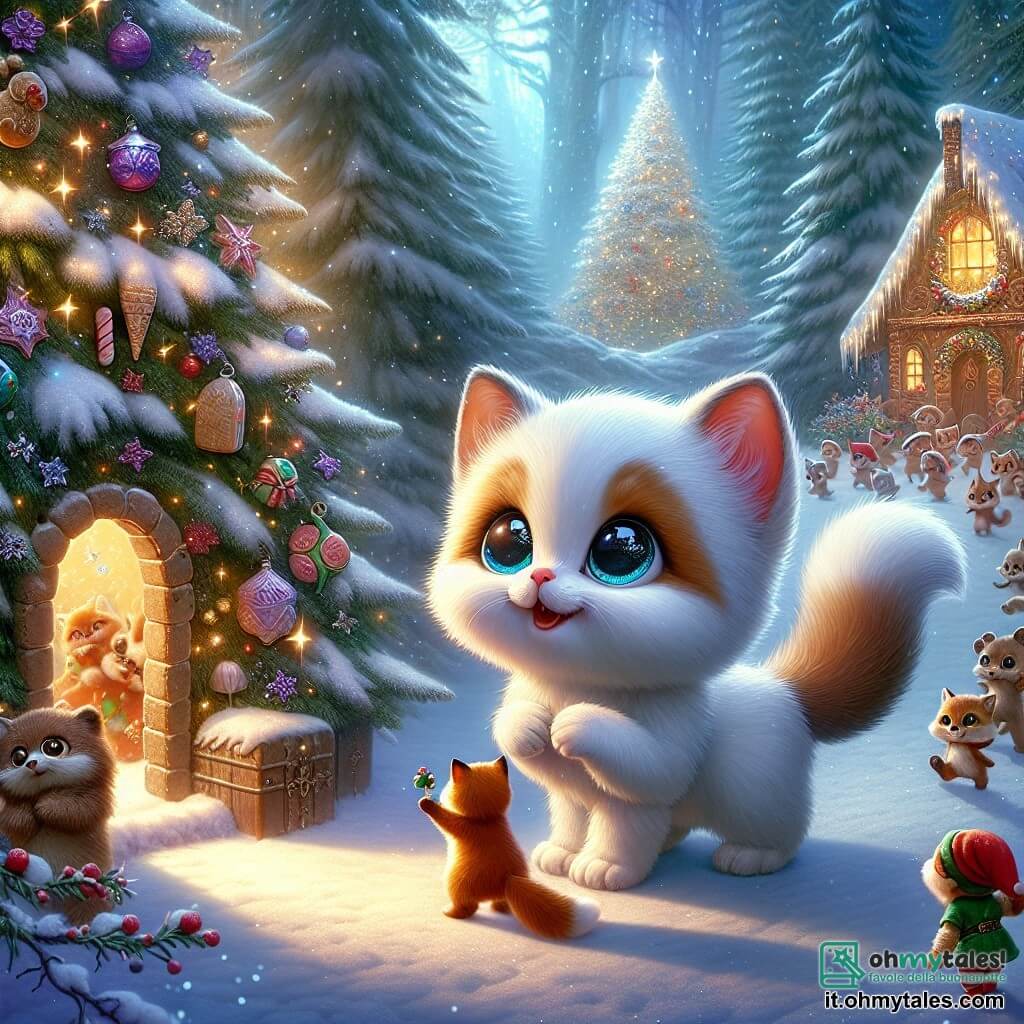 Un adorabile gattino bianco di nome Piumino, con un piccolo nasino rosa e grandi occhi curiosi, si trova davanti a un maestoso albero di Natale, con le zampe sollevate per meraviglia. Sorride ampiamente, le orecchie appuntite in segno di eccitazione mentre scopre un mondo magico. Accanto a lui, l'Orsetto Bruno, un morbido orso di peluche con pelliccia marrone e occhi brillanti di gioia, balla allegramente tenendo una ghirlanda luminosa. La Volpe Rossa, una volpe dal pelo ardente, si avvicina con un'aria birichina, tenendo un biscotto di Natale nella zampa, pronta a condividere la sua golosità. Il luogo è una foresta innevata, illuminata da stelle scintillanti e fiocchi di neve che cadono dolcemente. In lontananza, elfi gioiosi si affaccendano attorno a una piccola casa di pan di zenzero, decorata con caramelle colorate e ghirlande luminose. La scena principale mostra Piumino, meravigliato, mentre apre una piccola porta di legno alla base dell'albero, rivelando un mondo fatato pieno di luci e magia, mentre i suoi amici lo incoraggiano con grida di gioia.