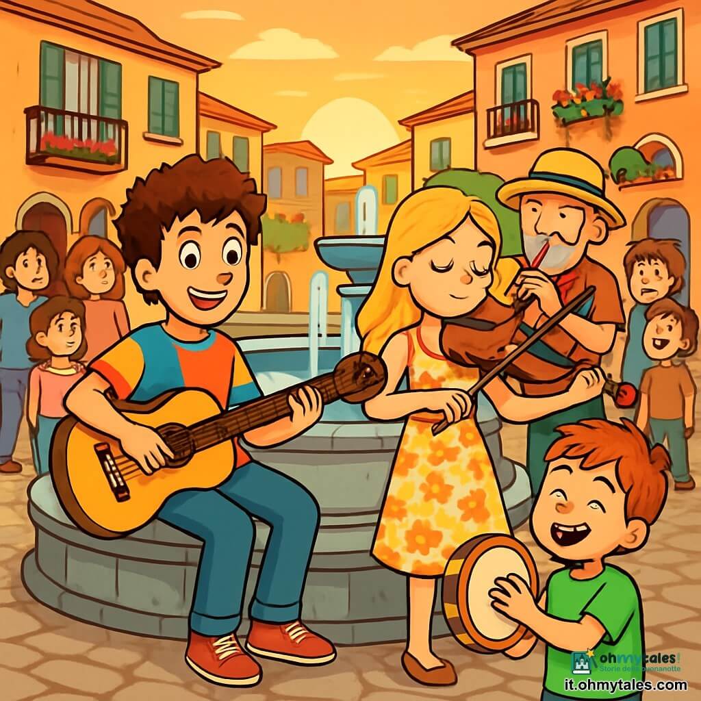 Lorenzo, un giovane con capelli castani e ricci, indossa una maglietta colorata e jeans casual. Sorride felicemente mentre suona la chitarra seduto sul bordo di una fontana. Accanto a lui, Elena, una ragazza dai lunghi capelli biondi e ondulati, indossa un vestito leggero a fiori e suona il violino con passione, gli occhi chiusi. Un uomo di mezza età con barba brizzolata e cappello di paglia suona il flauto, mentre un bambino con capelli corti batte il ritmo su un tamburello, tutto sorridente. La scena si svolge in una piazzetta pavimentata, circondata da edifici colorati con balconi fioriti, dove i passanti si fermano ad ascoltare la musica. Il sole tramonta all'orizzonte, proiettando ombre dorate. Lorenzo ed Elena, circondati dai loro amici musicisti, creano insieme una bella armonia musicale, mentre un gruppo di persone li ascolta con meraviglia, trasformando la piazza in un concerto improvvisato.