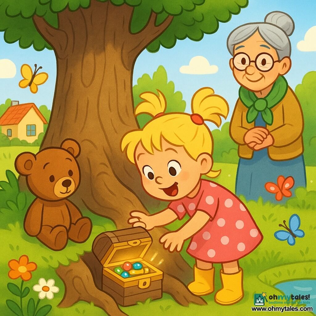 A joyful 4-year-old girl with blonde pigtails, a pink polka-dot dress and yellow boots leans to open a small wooden chest hidden among the gnarled roots of a large oak; a brown teddy named Benny sits on a root watching with shiny embroidered eyes and a stitched smile; a kindly grandmother in her 70s with gray hair in a bun, round glasses and a green scarf smiles proudly in the background by the trunk; the sunny village garden has green grass, colorful flowerbeds, butterflies and a pond; the chest reveals colorful marbles and a shiny whistle, warm light and expressions of wonder create a soft, happy atmosphere.