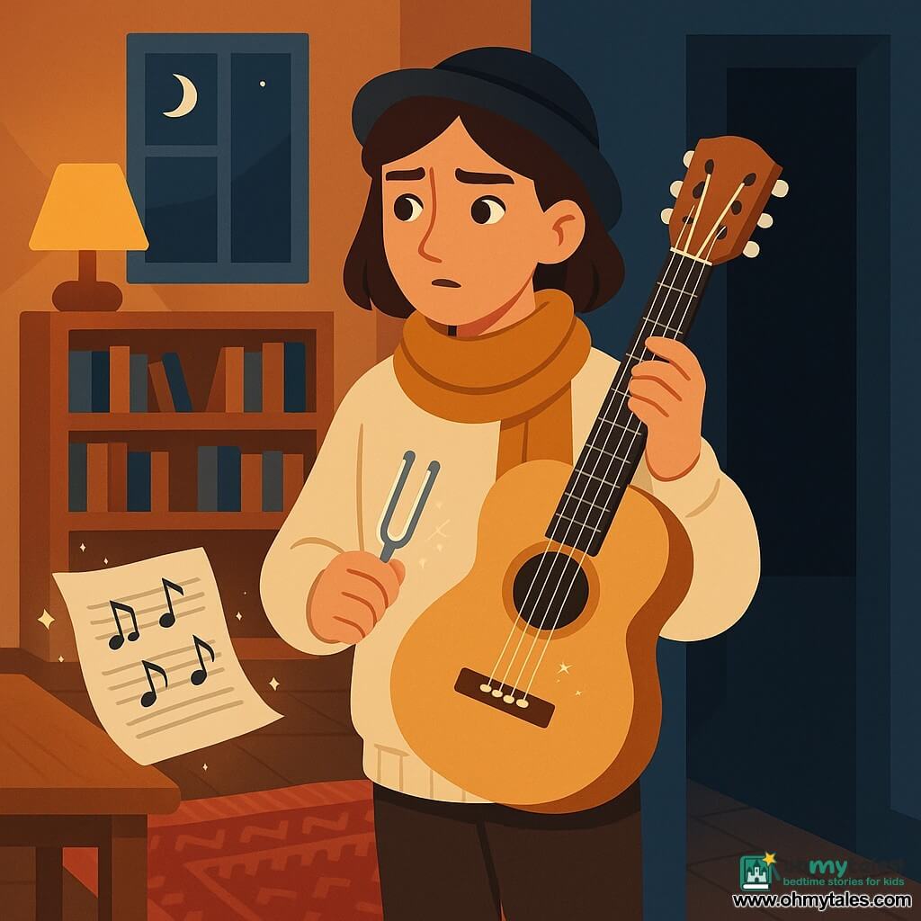 Luna, about 25, with a small dark bob, curious gentle expression, cream sweater and mustard scarf, stands in a doorway listening to an invisible hum while holding a light-wood guitar and a silver tuning fork. The guitar, partially on her shoulder with slightly shining strings, seems responsive; an animated sheet of music floats nearby with trembling glowing notes; the warm apartment—red woven rug, oak bookshelf, yellow lampshade casting round light, window with moonlight and wooden floor—contrasts with the dark blue hallway where the sound appears to come from.