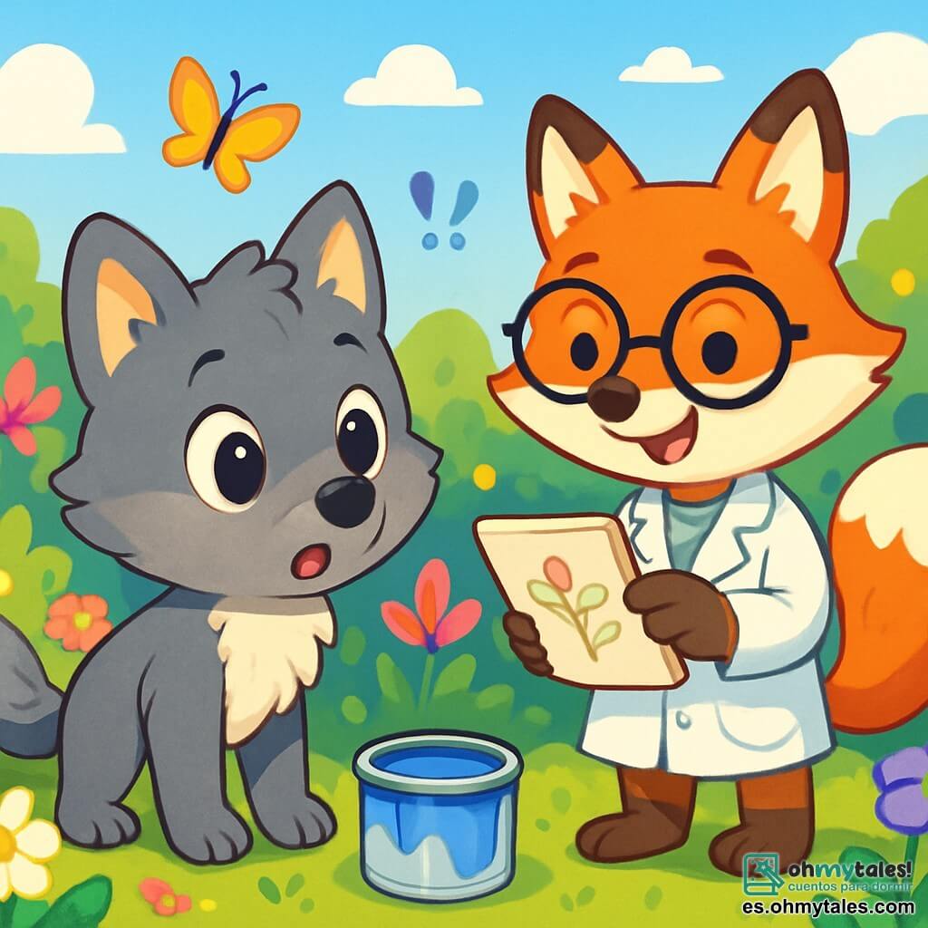 Un pequeño lobo de ojos brillantes y curiosos, con un pelaje suave y gris, se encuentra en el centro de la imagen, con el hocico temblando de emoción y las orejas erguidas, explorando un parque lleno de flores coloridas. A su lado, un zorro de pelaje rojo brillante, con gafas redondas y una bata blanca, observa atentamente un pequeño cuaderno de bocetos, sonriendo con entusiasmo por la aventura. Al fondo, un jardín exuberante se extiende, salpicado de flores de tonos vivos, como margaritas blancas, rosas rosas y violetas, bajo un cielo azul claro con nubes esponjosas. La escena muestra al lobo y al zorro descubriendo un pequeño tarro de pintura abandonado, con expresiones de sorpresa y curiosidad en sus rostros, mientras mariposas coloridas vuelan a su alrededor, añadiendo un toque de magia a esta exploración.