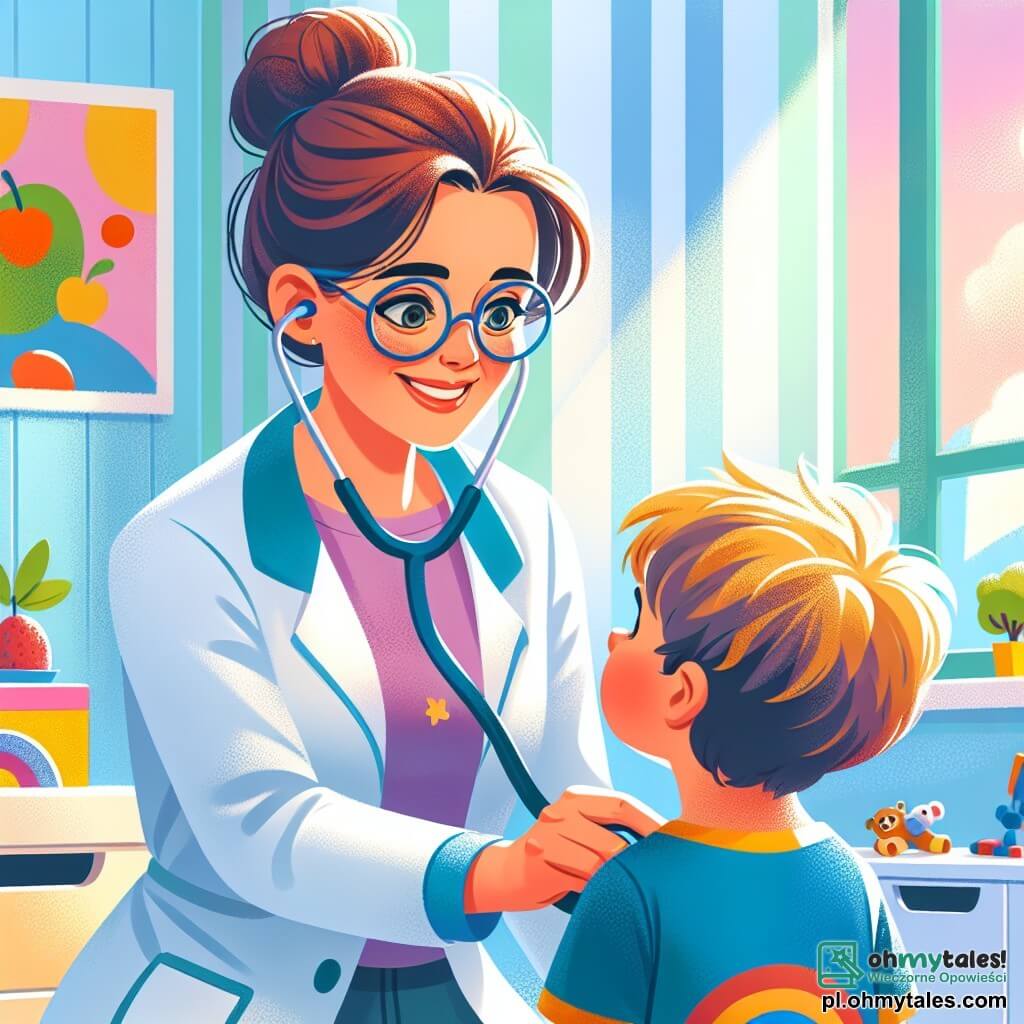 Pani Ania, uśmiechnięta i życzliwa lekarka, nosi białą fartuch i stetoskop na szyi. Ma brązowe włosy związane w kok i okrągłe okulary. Słucha serca małego chłopca, który ma około 6 lat, z ciekawą twarzą i lekkim uśmiechem. Chłopiec ma rozczochrane blond włosy i nosi niebieską koszulkę z rysunkiem superbohatera. Scena rozgrywa się w jasnej i przyjaznej klinice z pastelowymi ścianami, kolorowymi plakatami owoców i zwierząt oraz zabawkami rozsypanymi po podłodze. Duże okno wpuszcza światło słoneczne, tworząc ciepłą atmosferę. Pani Ania uważnie słucha serca chłopca, który z fascynacją patrzy, jego oczy błyszczą zainteresowaniem.