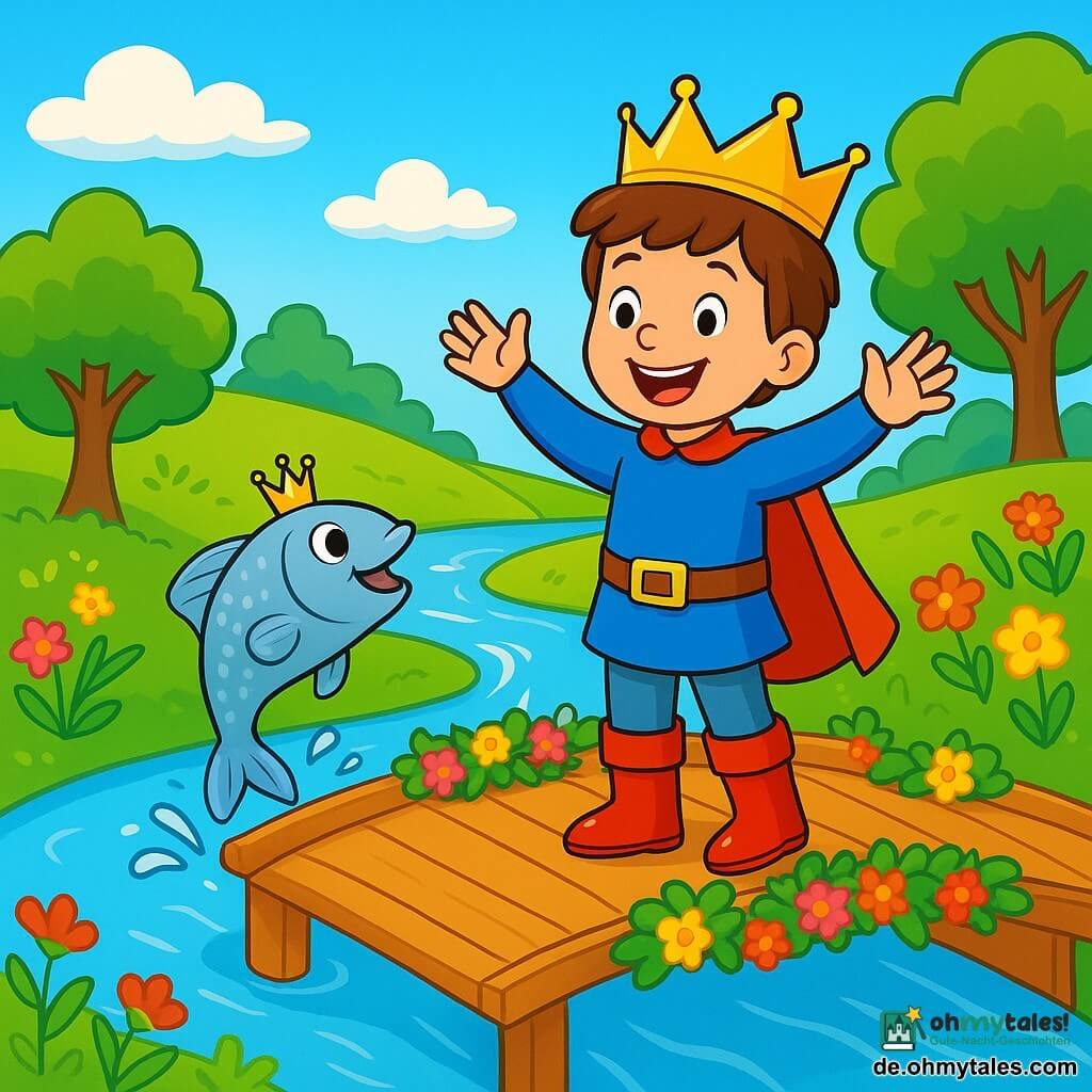 Ein junger Prinz namens Pipo, etwa 7 Jahre alt, steht fröhlich auf einer glänzenden Holzbrücke, seine Augen sprühen vor Neugier. Er trägt eine leicht schiefe goldene Krone und große rote Stiefel, die in der Sonne glänzen. Sein Gesicht strahlt vor einem breiten Lächeln, während er begeistert mit den Armen wedelt. Neben ihm taucht ein lauter kleiner silberner Fisch mit einer winzigen Krone aus dem Wasser auf, dessen Schuppen wie Sterne funkeln. Er wirkt sehr glücklich und hüpft mit einem schelmischen Ausdruck auf der Stelle. Im Hintergrund schlängelt sich der wunderschöne Fluss mit goldenen Reflexen durch eine zauberhafte Landschaft, umgeben von bunten Blumen und großen Bäumen mit leuchtend grünen Blättern. Die Brücke ist mit Girlanden aus bunten Blumen geschmückt, und der Himmel ist strahlend blau, gespickt mit fluffigen Wolken. Die Hauptszene zeigt Pipo, den Prinzen, der den Fisch fröhlich grüßt, bereit, die Brücke zu überqueren, um zum Lachen-Markt zu gelangen, während er die Höflichkeitsregel beachtet. Die Atmosphäre ist erfüllt von Lachen und Magie, was einen Moment der Freundschaft und Freude im verzauberten Königreich schafft.