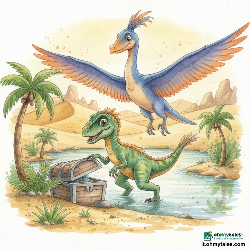Un piccolo velociraptor gioioso, occhi lucenti e muso curioso, scaglie verde smeraldo con riflessi ambrati, si china per aprire un baule di pietra mezzo sommerso al bordo di un'oasi; in posa dinamica con una zampa sul coperchio, sorriso malizioso e ciuffi di piume sulla coda. Un grande quetzalcoatlus amichevole plana poco sopra, piume blu-violacee e arancioni, sguardo benevolo dalla riva vicina. Intorno piccole felci preistoriche e palme contorte con foglie umide e scintillanti; l'acqua dell'oasi è azzurro chiaro specchiante con riflessi acquerellati sul sabbia dorata bagnata. Sullo sfondo dune dorate ondulate e rocce sotto un cielo caldo di tardo pomeriggio, luci rasanti e ombre lunghe. Atmosfera: luminosa, dolce, curiosa e complice, toni pastello vividi e texture di pennello con dettagli infantili e adorabili.