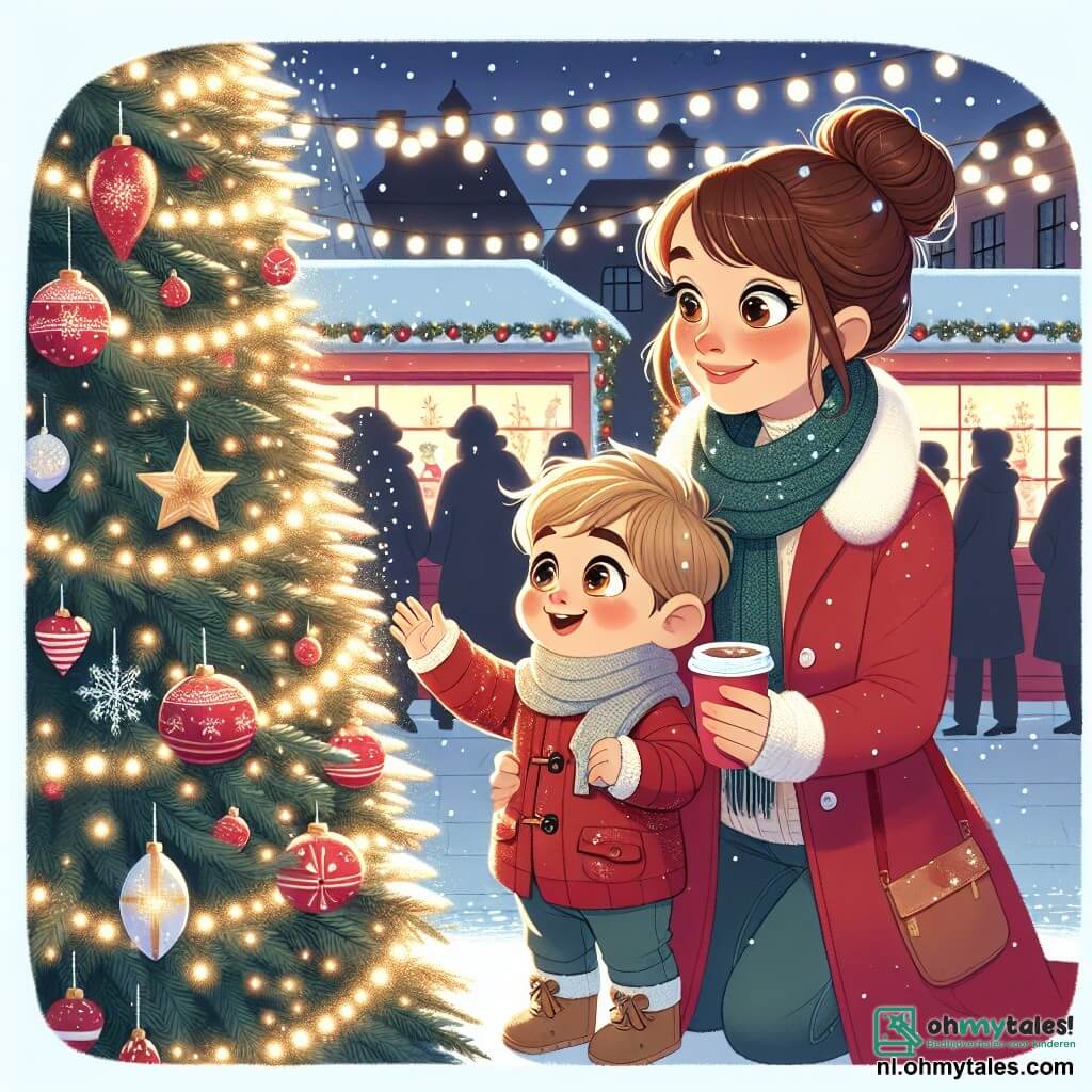 Een jongetje van 1 jaar met blond haar en roze wangen kijkt verwonderd naar een grote, glinsterende kerstboom. Zijn ogen stralen van vreugde en opwinding terwijl hij zijn hand uitsteekt naar een rode kerstbal die aan de boom hangt. Naast hem staat zijn moeder, een vrouw van ongeveer 30 jaar met bruin haar in een knot, die teder glimlacht terwijl ze een kop warme chocolademelk vasthoudt. Ze draagt een rode jas en leunt lichtjes naar haar zoon toe, terwijl ze dit magische moment deelt. De locatie is een charmante kerstmarkt, verlicht door lichtslingers en gevuld met kleurrijke kraampjes die lekkernijen en speelgoed verkopen. De sneeuw bedekt de grond en creëert een betoverende sfeer. De belangrijkste situatie toont het jongetje dat verwonderd is door de schoonheid van de kerstboom, terwijl zijn moeder hem aanmoedigt om de glinsterende versieringen te bewonderen, wat een warm en vrolijk gezinsmoment creëert.