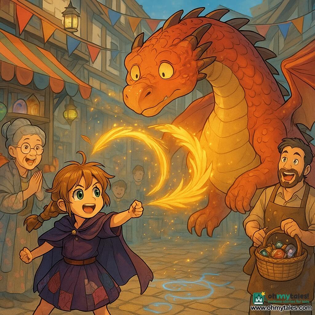 A nine-year-old apprentice witch girl with light chestnut hair in messy braids and sparkling green eyes, smiling but focused, wearing a short dark purple patchwork dress and small cape, throws a braid of golden phoenix feathers toward a large floating dragon; the dragon is massive but gentle with red and gold scales, tired surprised eyes, legs folded like a balloon and an amused-astonished expression, hovering above a paved market square. Granny Hazel, about 70, with gray hair in a bun, round glasses, a floral dress and knitted shawl, claps joyfully at the left near a potion stall, while a bearded vendor of about 40 in an ink-stained apron laughs and steps back to the right holding a basket of glittering items, surrounded by amazed onlookers. Colorful wooden stalls, floating banners, hanging magical lanterns, glowing jars and enchanted fruit on tables, colored smoke and glowing glyphs on the ground set the scene. The central action shows the girl’s feather braid gently coiling around the dragon to bring it down, with dynamic movement, golden light sparks, clear expressions and gestures, an enchanting playful atmosphere, warm contrasting colors, detailed manga style and a bright joyful rendering.