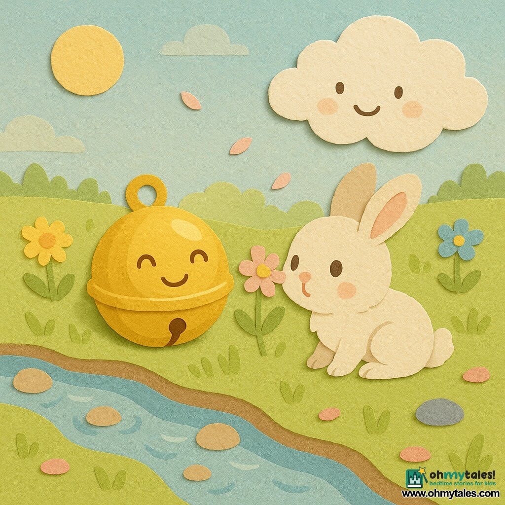 A small shiny faceted golden bell sits at the edge of a narrow clear-blue stream, tilted as if softly ringing; a fluffy white-and-beige rabbit with curious round eyes sniffs a flower beside it; a smiling cottony cloud floats low to the right, watching; the scene is a calm spring morning in a pastel meadow with green grass, scattered pink, yellow and blue flowers, a pale yellow sun, soft shadows and paper-cut textures, warm gentle light and floating petals.