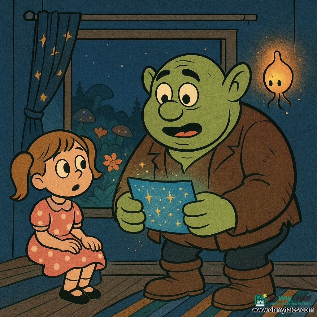 A large friendly ogre with an amazed, slightly anxious expression, pistachio-green soft skin, rounded ears and a bulbous nose, wearing a torn brown leather jacket and wooden boots, delicately holds a glowing blue-and-gold map; a six-year-old girl with light brown pigtails in a pink polka-dot dress sits on the left windowsill, hands on her knees, looking astonished at the ogre; two small living Night Lanterns—translucent egg-shaped forms with warm amber glow and filament legs—float to the ogre’s right, casting sparks; the scene is a child's bedroom opening onto Gigglewood at night—deep blue walls, starry curtains pulled aside, a window onto a forest of giant mushrooms and luminescent flowers, wooden floor with a striped rug—soft, magical atmosphere of wonder with warm light contrasts and blue moon reflections.