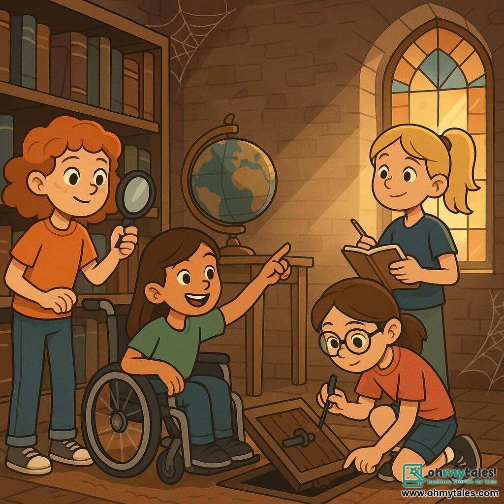 Four fearless friends stand in a dusty old library. Lucy, a 12-year-old girl with curly red hair and freckles, holds a magnifying glass and examines an old book on a shelf, her eyes sparkling with curiosity. Mia, a 12-year-old girl in a wheelchair with smooth brown hair and a bright smile, points at an ancient globe on a table, fascinated by the mysterious places it represents. Ella, a 12-year-old girl with blonde hair in a ponytail, holds a notebook and pen, ready to jot down ideas, standing by a dusty window with sunlight illuminating her face. Sophie, a 12-year-old girl with brown hair and glasses, crouches in front of a trapdoor, her expression focused as she examines the lock with a small tool. The setting is an old library with brick walls, shelves filled with worn books, and rays of light filtering through stained glass windows, with cobwebs in the corners adding a touch of mystery to the atmosphere. The main situation shows the friends discovering a hidden trapdoor under a rug, revealing a secret world below, filled with ancient objects and forgotten treasures, symbolizing their adventurous spirit and quest for mysteries to solve.